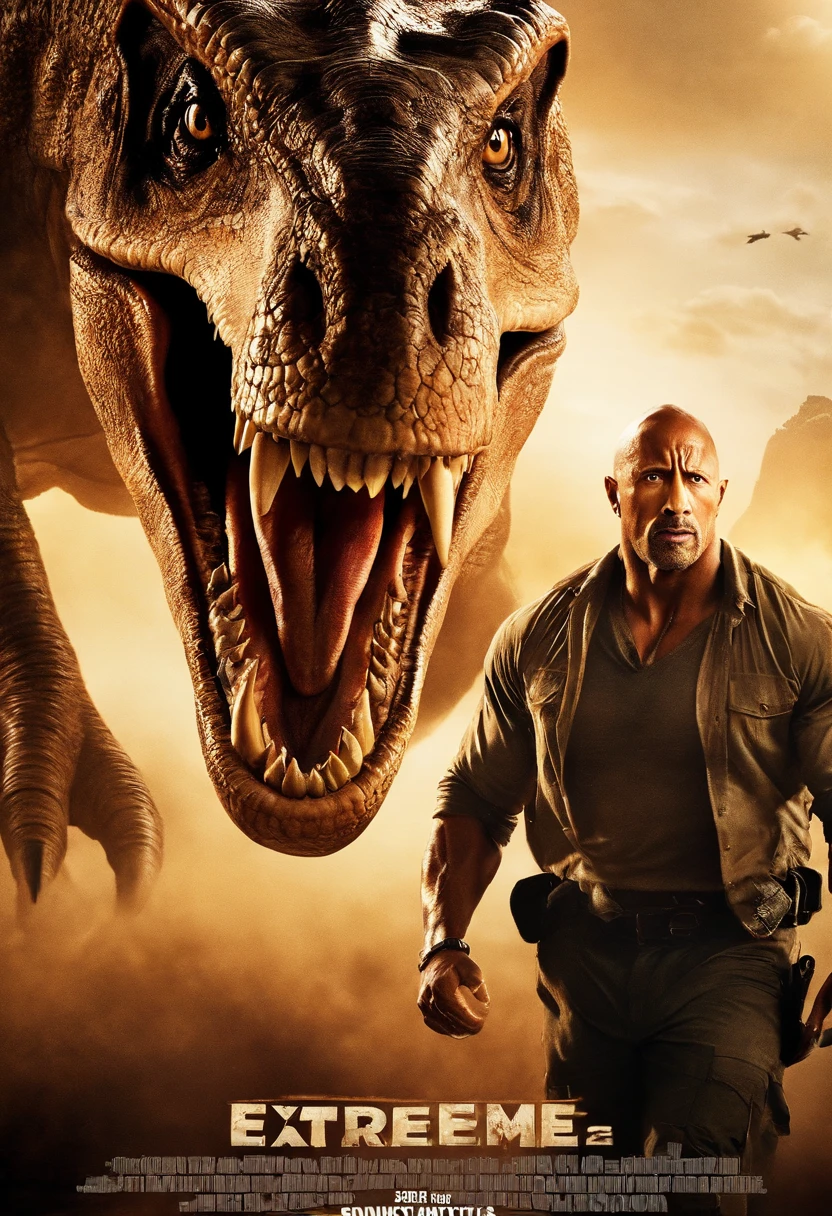 Concevez une affiche de film pour 'Extreme Dinosaur,' starring Dwayne Johnson as a half-Triceratops character. The poster should mix Dwayne Johnson's action hero character with the dinosaur theme, Create an eye-catching and exciting visual. The title should be bold and prominently displayed, Capturing the essence of this unique action-adventure film