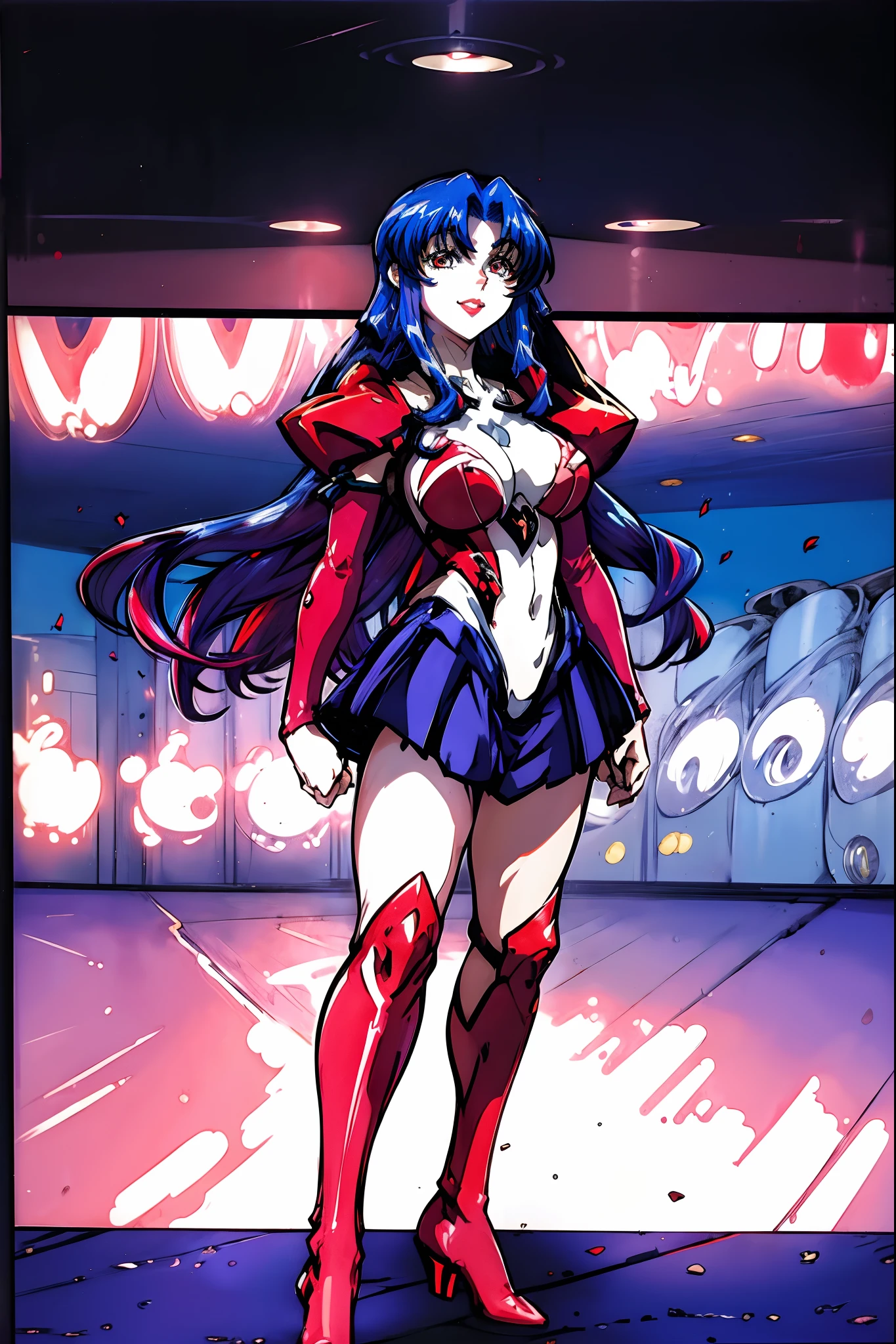 leotard, calm facial exprecion, blue hair, red eye, leotard, big shoulders, sleeves, medium breast, boots, long hair, skirt, smile, half lips stic inferion lip, red lipstic, long hair, messy hair, smile, ong hair, standing solo, full body, boots,, body suit, mini skirt