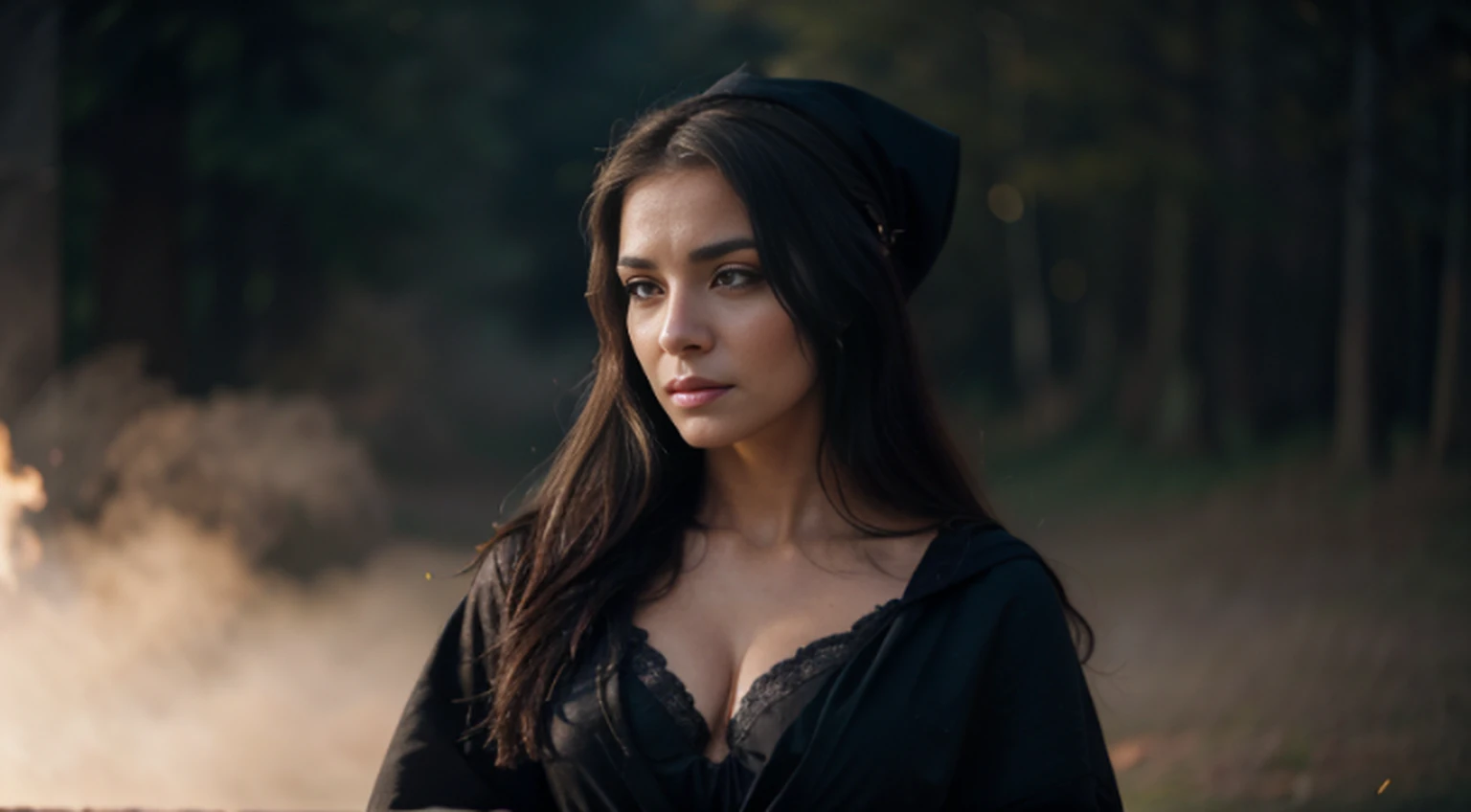 Foto RAW, One person, invisible skin, foto de corpo inteiro de mulher de 60 anos de idade, bruxa, Mulher bonita sensual com bochechas redondas, realistic facial expression, olhos vermelhos claros, pale skin, cabelos brancos ondulados, Cabelos Longos, witch hat, pele branca, corpo esguio, wearing full body black robe with rich decoration, confident expression, (magical mysterious background, Pirilampos, glittering particles, Ethereal fog, Weak darkness), high saturation, Luz do Filme, Anel luminoso, melhores sombras, apontando aqui, background is urban ruins, (Very detailed skin: 1.2), 8k UHD, DSLR, soft lighting, alta qualidade, film particles, Fujifilm XT3