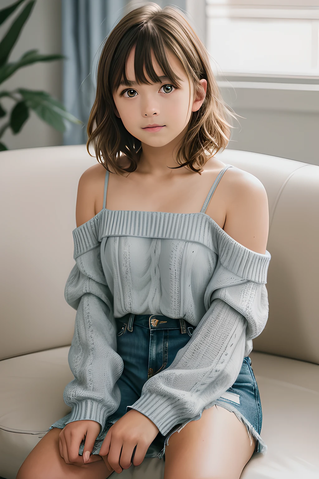 photo-realistic of attractive and sexy,  girl, preteen model, streaked hair, light brown hair, short hair, curtained hair, twin drills, parted bangs, smooth skin, pleased at viewer, sitting, on the couch, wearing, Grey Off-the-Shoulder Sweater Top, ripped blue jeans shorts, natural lighting, Sony FE GM, 85mm, f/1.8, Eye-Level Shot, perspective, chiaroscuro