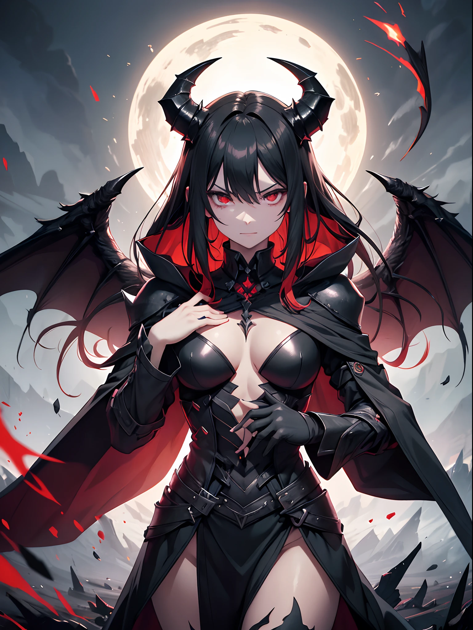 littlegirl, Solo, superfine illustration, extremely delicate and beautiful, Best Quality,Background: Pitch-black skeletons overlap to form a mountain、Multiple Magic Circles、Brutal smile、The magic unfolds、Unleash the magic throughout、Pale blue flashes in the eyes of the skeleton、Demon God、Majin、 Black armor covering from head to toe、demonic horns、Grim Reaper's scythe made of black blood、Elaborately crafted armor、Realistic steel luster、Black Knight, Devastation from the whole body々Signs of resentment,Close one eye、Prayer Pose、macho、Balanced body shape、shinigami、Place one palm on your face、Red burning eyeballs, Stand up straight、ominous vibe,Dynamism、 Otherworldly beings, A world shrouded in darkness, Spooky air, The beginning of the scream, post apocalyptic background、Diabolical、Red lightning、Red flash running on the ground、demonic wings、