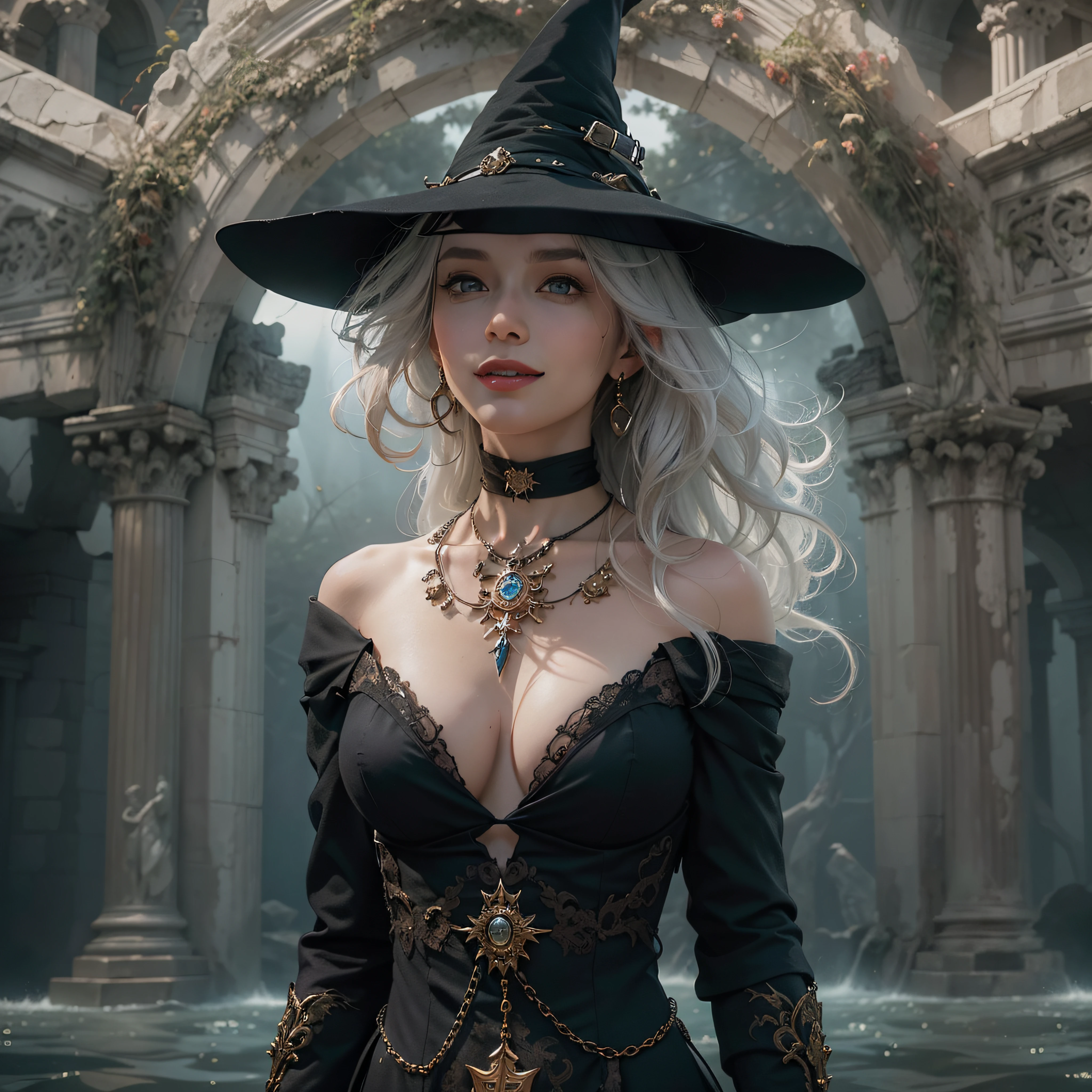 (Numerous award-winning masterpieces, with incredible detail, textures and maximum detail), (hyper realistic:1.4), (realistic:1.3), (best quality real texture skin), ((medieval world)), finely detailed eyes, finely detailed face, (((witch's old black hat))), (Slim witch in white), (Slim female wizard in white), (Slim witch in black), (slim female wizard in black), Gentle eyes, ((perfect and beautiful fingers)), ((perfect and beautiful arms)), (She has a mischievous smile on her face:1.4), Friendly and girlish face, (The devil dances overhead), Glass earrings on the ears, (dramatic photo:1.6), Shining majestic lightning storm cloud mass and sky, halo optical phenomenon, Anti-Sacred Light, twilight, sunset, dusk, (Dramatic Light), (A majestic sight), (Her expression is calm gentle and very beautiful but somehow scary), (Noble posture), (golden hair, silver hair, chestnut hair), ((Full-length portrait)), ((looks up)), ((looking down)), (full-body standing image:1.5), (Around her neck is a simple necklace with wicked but elaborate workmanship), Altar of Purgatory, Old ruins infested with plants, The Great Temple of the Devil, great cathedral, The Devil's Grand Shrine, temple ruins, detached temple, magic circle, Ruins of an ancient castle, Deserted ruins, crumbling ruins, Ancient ruins with clear water, wavelets, running water,