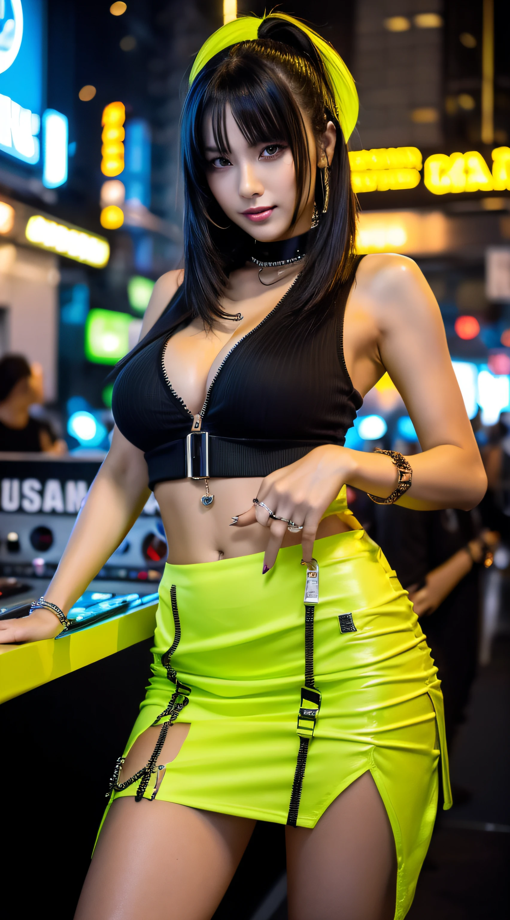 ((best qualtiy, 8K, tmasterpiece:1.3)), Sharp:1.2, perfect figure beautiful woman:1.4, Slim abs:1.2, ((Layered Hair Style, Big breasts:1.1)), Chinese Beauty, the night:1.2,DJing in the bar,A woman DJ, Full body photo of a woman,adolable,Temperament,ellegance,Wearing a yellow vest:1.2,black short skirt:1.2,cyberpunk high fashion,Hyper-realistic cyberpunk style, Cyberpunk 2 0 y, Cyberpunk-city, cyberpunk lut, bright cyberpunk glow, has cyberpunk style, cyberpunk fashion,16k,Highest image quality,Beautiful facial features,light make-up,ssmile:1.2,Dignified and elegant,Perfect hand bones, Slender thighs, Highly detailed facial and skin texture,A detailed eye,二重まぶた,Look sideways at the camera,