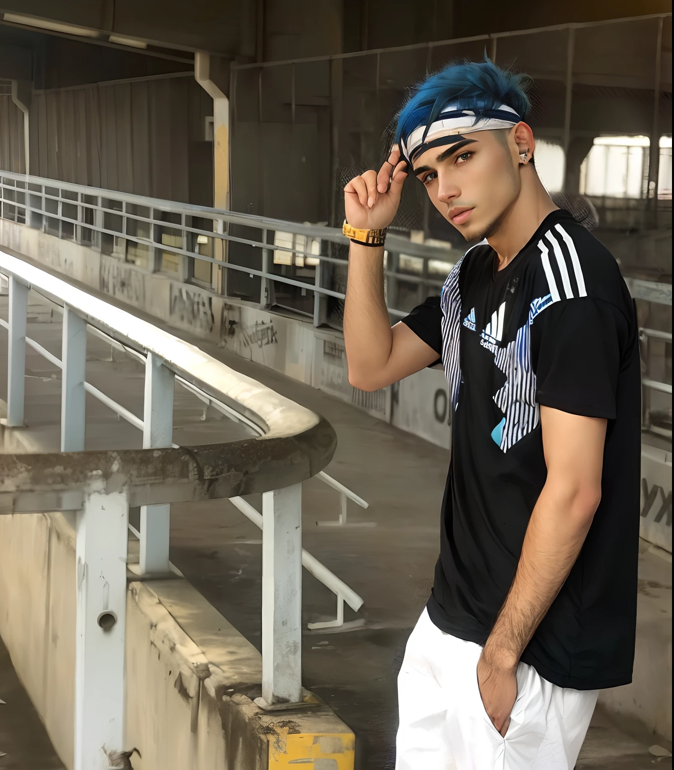 Blue-haired man in black shirt standing in a grandstand, usando roupas adidas, Msxotto, com cabelos azuis, Estilo Mohamed Chahin, 18 anos, No estilo Jordan Grimmer, wearing the number 1 headband, com estria branca no cabelo, Streamer do Twitch / Jogador Ludwig, Retrato no meio da foto, com longos cabelos azul-turquesa