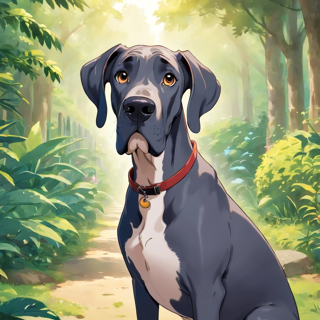 A great dane looking into the camera with a look of surprise and confusion, Looking with his head turned sideways, num lindo jardim
