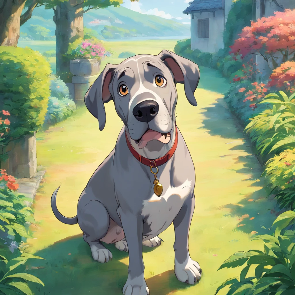 A great dane looking into the camera with a look of surprise and confusion, Looking with his head turned sideways, num lindo jardim