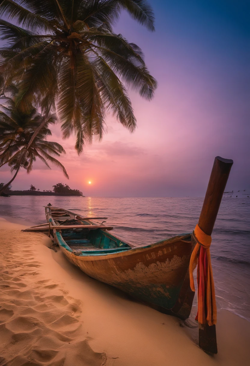 A beautiful sunset on a sandy beach in Sri Lanka, with palm trees swaying gently in the breeze. The colors of the sky are vibrant and vivid, with shades of orange, pink, and purple blending together seamlessly. The golden rays of the setting sun cast a warm glow over the scene, creating a serene and peaceful atmosphere.

The sand on the beach is soft and powdery, with tiny seashells scattered throughout. The waves of the Indian Ocean gently crash against the shore, creating a soothing sound. The clear blue water stretches out as far as the eye can see, inviting you to take a refreshing dip.

In the distance, there is a traditional Sri Lankan fishing boat, with its colorful sails billowing in the wind. The boat is adorned with intricate patterns and designs, showcasing the rich artistic heritage of the country. The fishermen on board are skillfully maneuvering their nets, capturing the abundance of fish in the crystal-clear water.

As the night approaches, the sky transforms into a magnificent display of stars. The constellations twinkle above, creating a mesmerizing sight. The moon rises slowly, casting a soft, silver light over the landscape. The palm trees sway gently in the night breeze, creating a soothing rustling sound.

The overall image is of the highest quality, with ultra-detailed textures and vibrant colors. Every element of the scene is carefully crafted to create a realistic and immersive experience. The lighting is soft and natural, adding depth and dimension to the image.

In terms of artistic style, the scene is a blend of landscapes and photography, capturing the beauty and tranquility of Sri Lanka. The color palette is warm and inviting, with a focus on earth tones and pastel shades. The lighting is natural and flattering, enhancing the overall mood of the scene.

This prompt will result in a stunning masterpiece, showcasing the beauty and serenity of Sri Lanka's beaches.