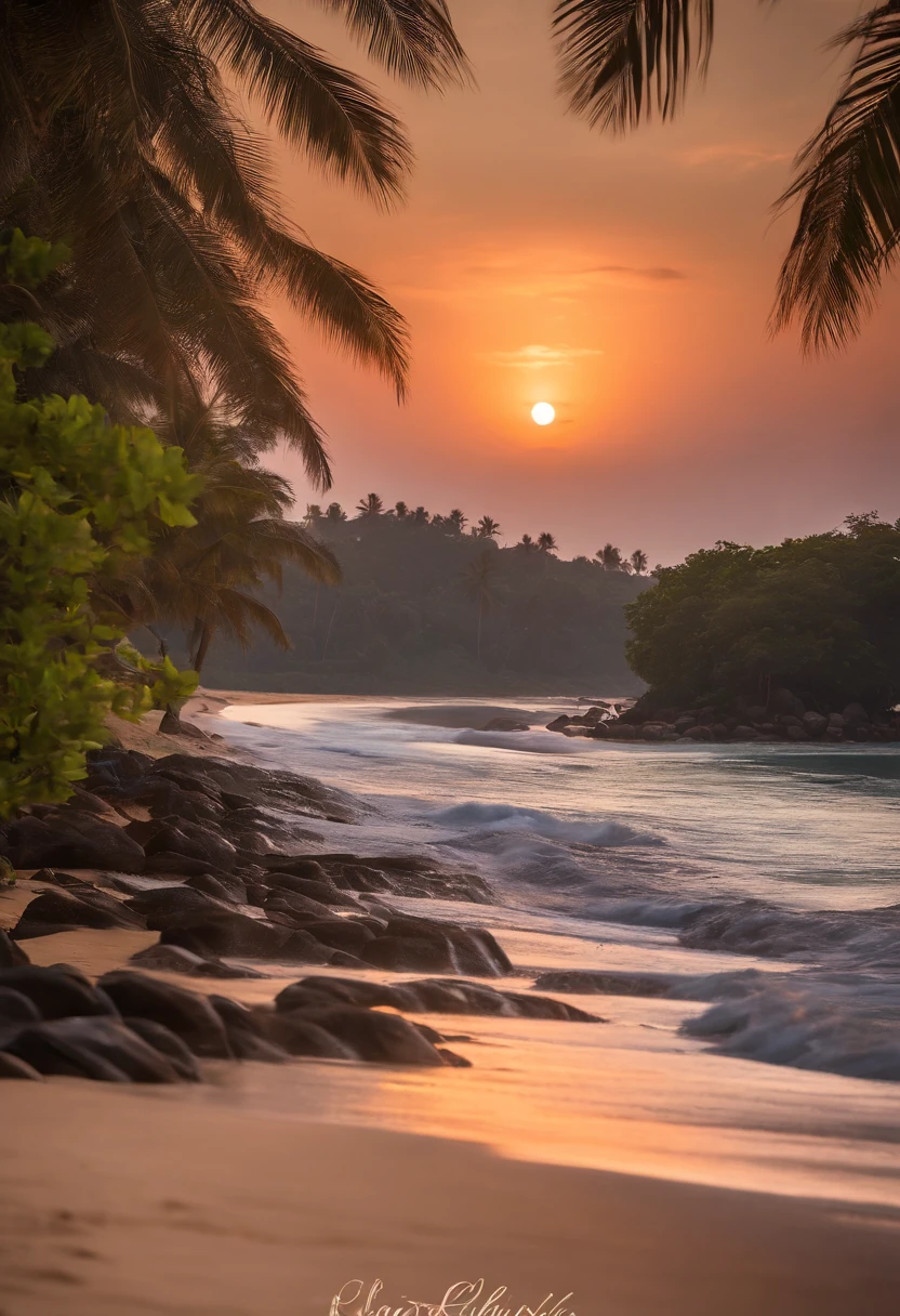 A beautiful sunset on a sandy beach in Sri Lanka, with palm trees swaying gently in the breeze. The colors of the sky are vibrant and vivid, with shades of orange, pink, and purple blending together seamlessly. The golden rays of the setting sun cast a warm glow over the scene, creating a serene and peaceful atmosphere.
The sand on the beach is soft and powdery, with tiny seashells scattered throughout. The waves of the Indian Ocean gently crash against the shore, creating a soothing sound. The clear blue water stretches out as far as the eye can see, inviting you to take a refreshing dip.
In the distance, there is a traditional Sri Lankan fishing boat, with its colorful sails billowing in the wind. The boat is adorned with intricate patterns and designs, showcasing the rich artistic heritage of the country. The fishermen on board are skillfully maneuvering their nets, capturing the abundance of fish in the crystal-clear water.
As the night approaches, the sky transforms into a magnificent display of stars. The constellations twinkle above, creating a mesmerizing sight. The moon rises slowly, casting a soft, silver light over the landscape. The palm trees sway gently in the night breeze, creating a soothing rustling sound.
The overall image is of the highest quality, with ultra-detailed textures and vibrant colors. Every element of the scene is carefully crafted to create a realistic and immersive experience. The lighting is soft and natural, adding depth and dimension to the image.
In terms of artistic style, the scene is a blend of landscapes and photography, capturing the beauty and tranquility of Sri Lanka. The color palette is warm and inviting, with a focus on earth tones and pastel shades. The lighting is natural and flattering, enhancing the overall mood of the scene.
This prompt will result in a stunning masterpiece, showcasing the beauty and serenity of Sri Lanka's beaches.