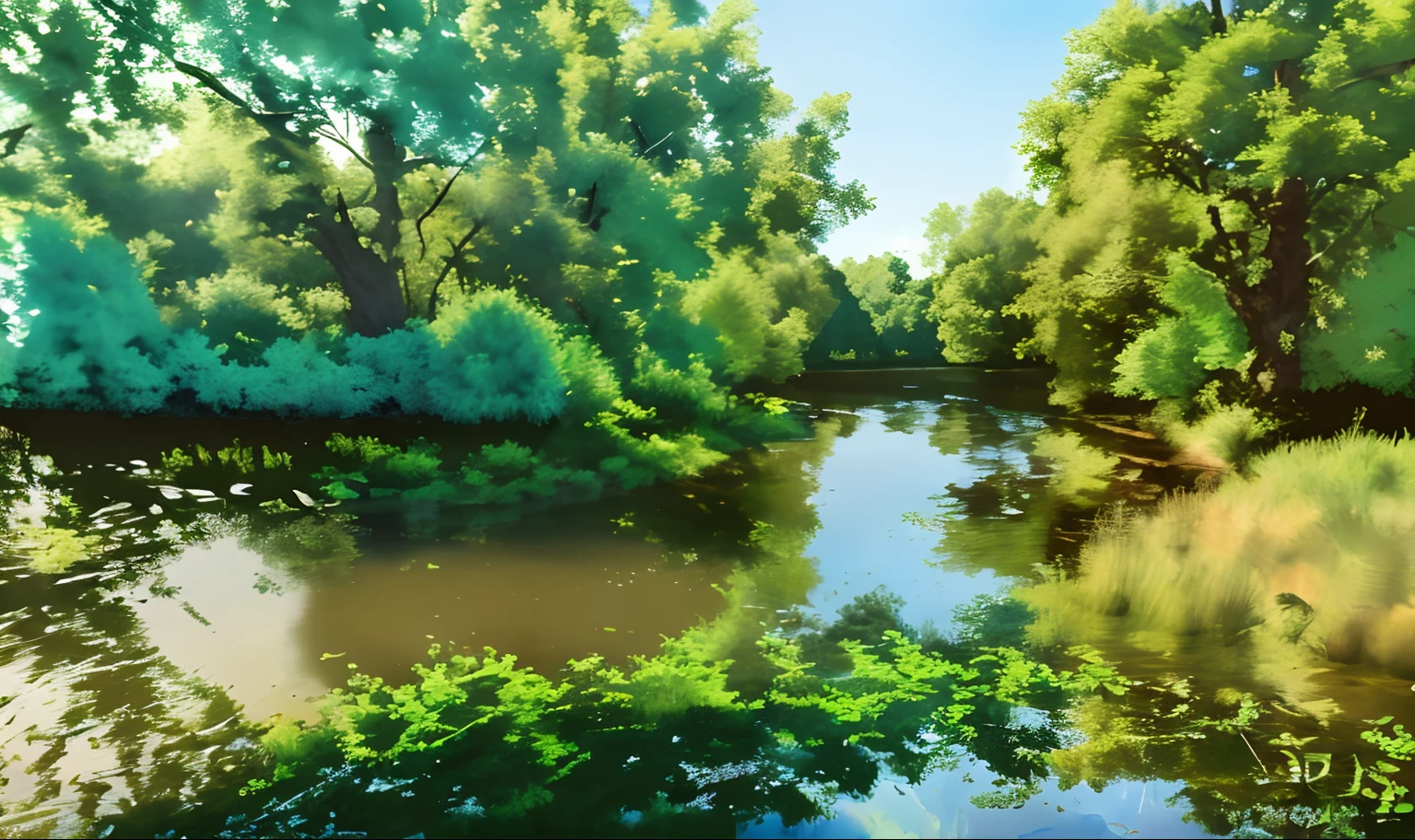 a river with trees in the background, grass in foreground, at a forest, big green trees, vibrant environment, blue sky, clear water with reflection, digital landscape art, painterly digital art
