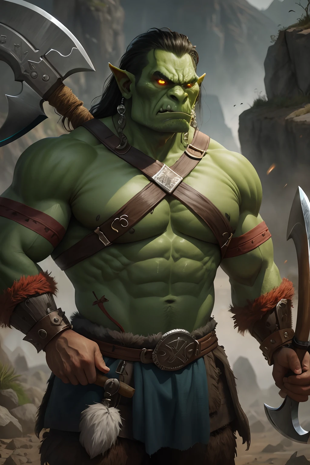 a high-resolution image of a fierce orc warrior standing in a battle-ready pose. The orc has green skin, muscular build, and sharp, menacing teeth. It is wearing leather armor with metal shoulder pads and wielding two large, curved swords. One hand holds a sword raised menacingly, while the other arm carries a round, worn shield. The background should depict a rugged, destroyed bedroom setting with hints of chaos and conflict. The orc's expression is one of rage, .