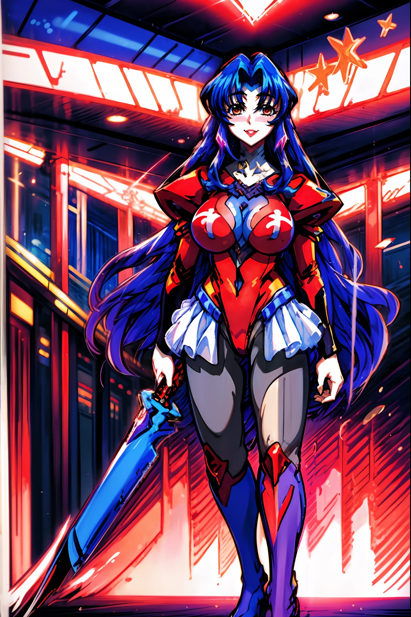 eotard, calm facial exprecion, blue hair, red eye, leotard, big shoulders, sleeves, medium breast, boots, long hair, skirt, smile, half lips stic inferion lip, red lipstic, long hair, messy hair, smile, ong hair, standing solo, full body, boots,, body suit, mini skirt