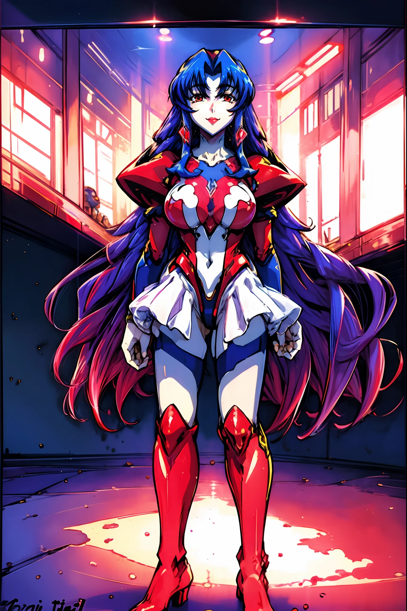 eotard, calm facial exprecion, blue hair, red eye, leotard, big shoulders, sleeves, medium breast, boots, long hair, skirt, smile, half lips stic inferion lip, red lipstic, long hair, messy hair, smile, ong hair, standing solo, full body, boots,, body suit, mini skirt