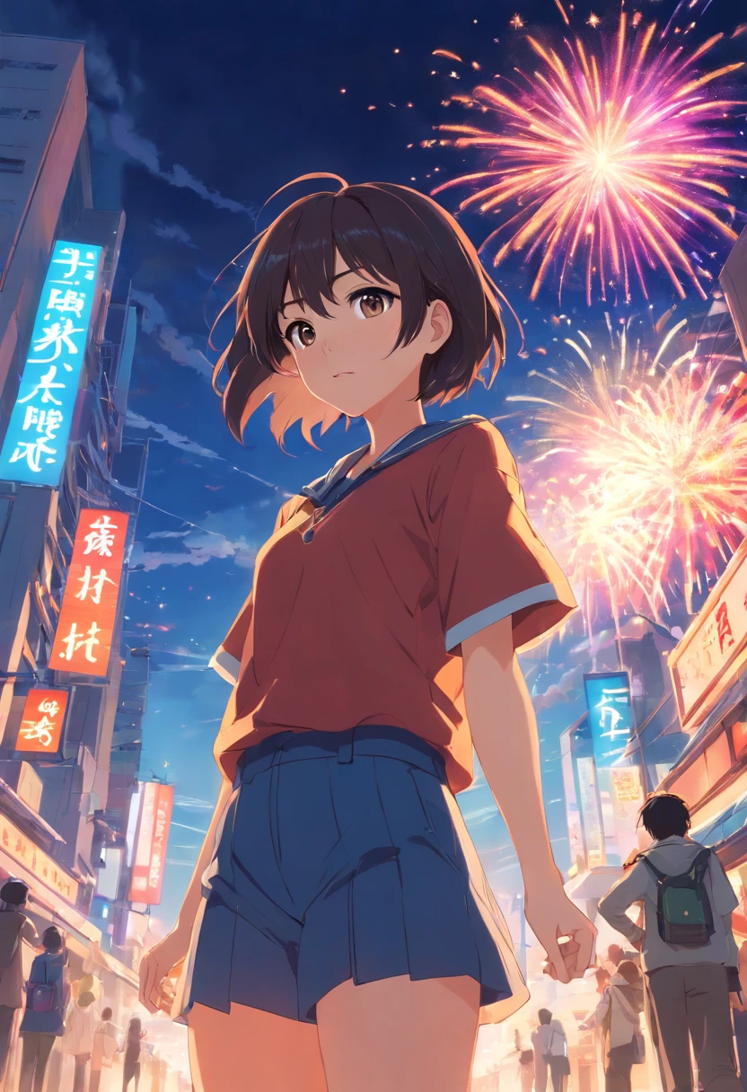 Best quality, Works of masters, A high resolution, 1girll, Super beautiful face, super beautiful eye, Super beautiful hair,Trendy outfits,Sexy and charming,Color explosion,Black color hair,Large hairpins,full bodyesbian,Squatted,鎖骨,posing on a,MagazineCover,fire works,Festive atmosphere, full body, fantasy