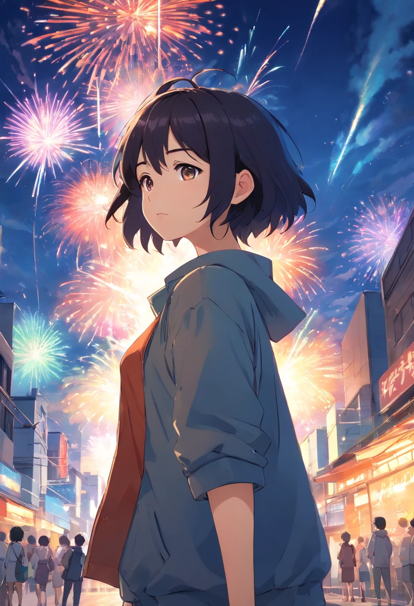 Best quality, Works of masters, A high resolution, 1girll, Super beautiful face, super beautiful eye, Super beautiful hair,Trendy outfits,Sexy and charming,Color explosion,Black color hair,Large hairpins,full bodyesbian,Squatted,鎖骨,posing on a,MagazineCover,fire works,Festive atmosphere, full body, fantasy