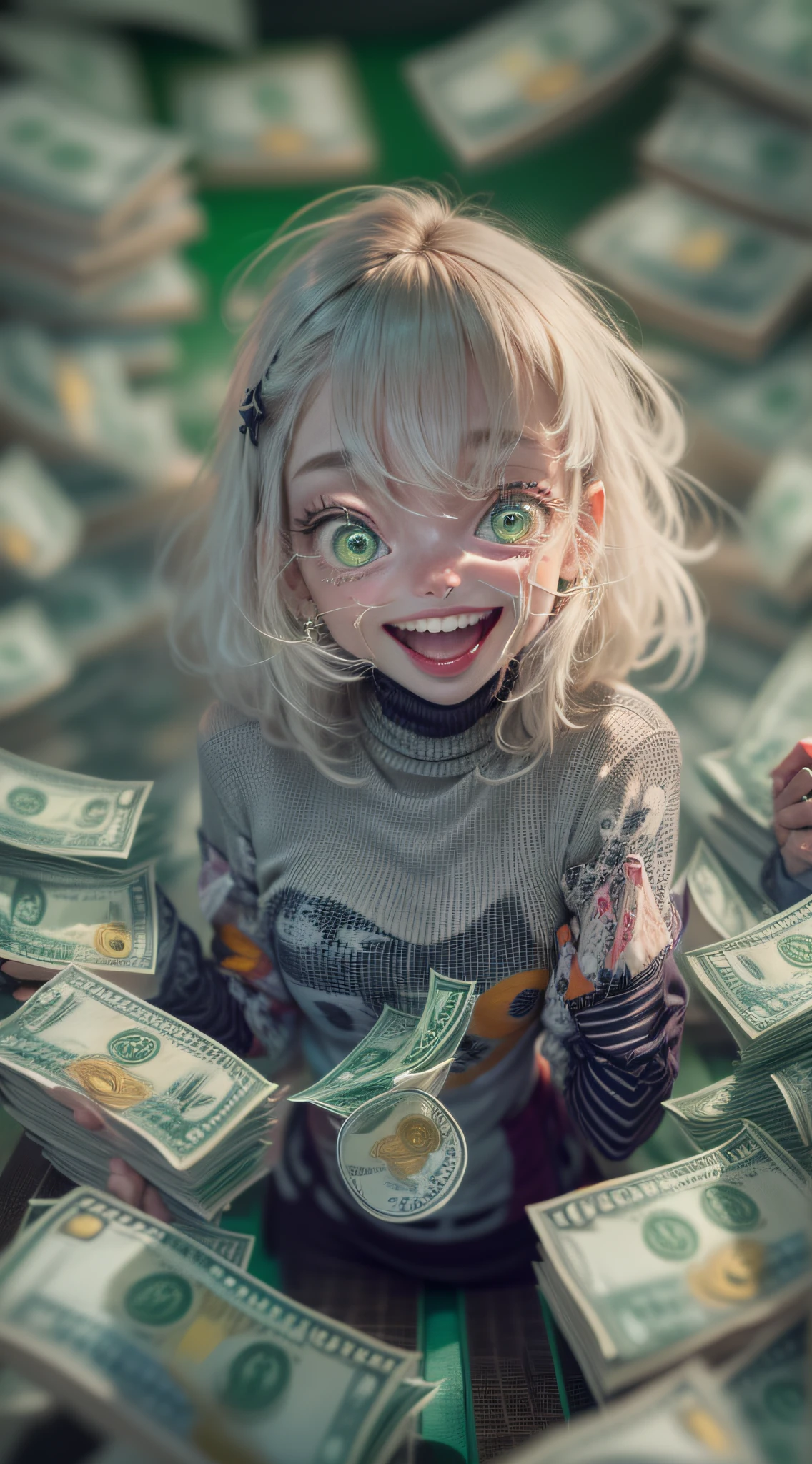 Best Quality, Masterpiece, 8k, RAW, 1 girl, ((greedy)), color-theme green, loads of money everywhere, money stashes in background, (worshipping money), god of money, background stylised, (laughing frantically:1.4), (Psycho eyes:1.2), green eyes, mental breakdown, eerie, darkness, only money, obsession, compulsive disorder, lost her mind