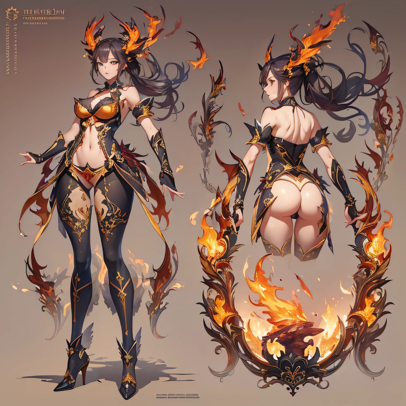 ((Masterpiece, Highest quality)), Detailed face, CharacterDesignSheet, full bodyesbian, Full of details, Multiple poses and expressions, Highly detailed, Depth, Many parts,female mage,double-ponytail,estilo fantasia,Surrounded by flames,Extremely beautiful,High Balance, Natural light, Lace,lacepantyhose,Phoenix decoration,Flame decoration,mirror surface