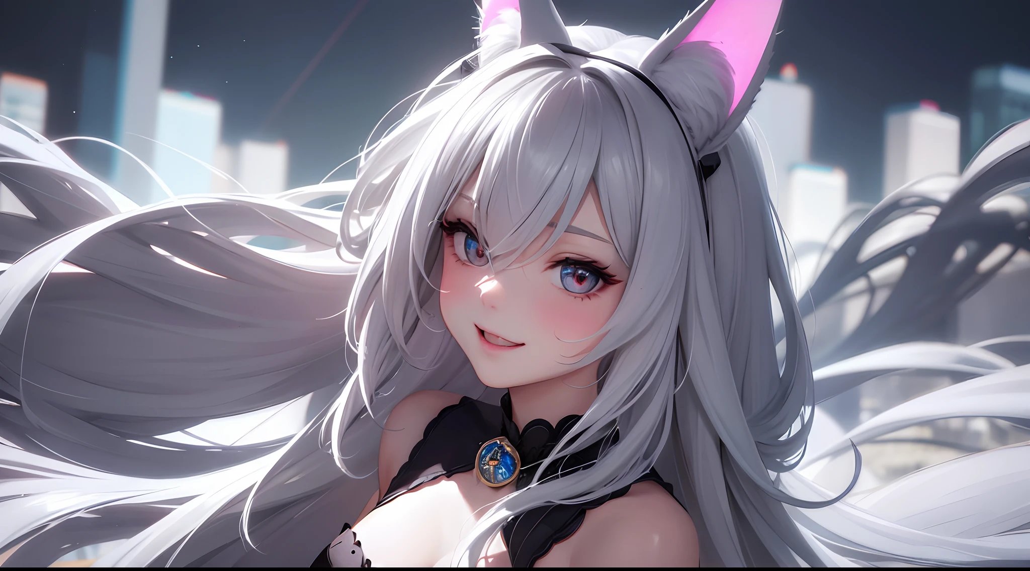 hair bobbles, long eyelasher, solid circle eyes, Fake animal ears, Light smile, Ear blush, Fang, Silver hair, Hairline, surrealism, shadowing, anaglyph, stereograms, tachi-e, angle of view, Atmospheric perspective, High detail, Cinematic lighting, 8K, Super detail, ccurate, Best quality, A high resolution, Masterpiece, All over the body, Single,