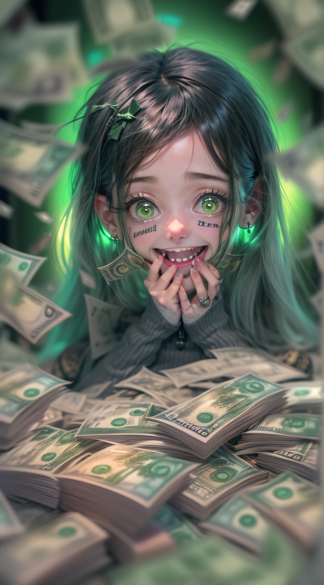 Best Quality, Masterpiece, 8k, RAW, 1 girl, ((greedy)), color-theme green, loads of money everywhere, money stashes in background, (worshipping money), god of money, background stylised, (laughing frantically:1.4), (Psycho eyes:1.2), green eyes, mental breakdown, eerie, darkness, only money, obsession, compulsive disorder, lost her mind