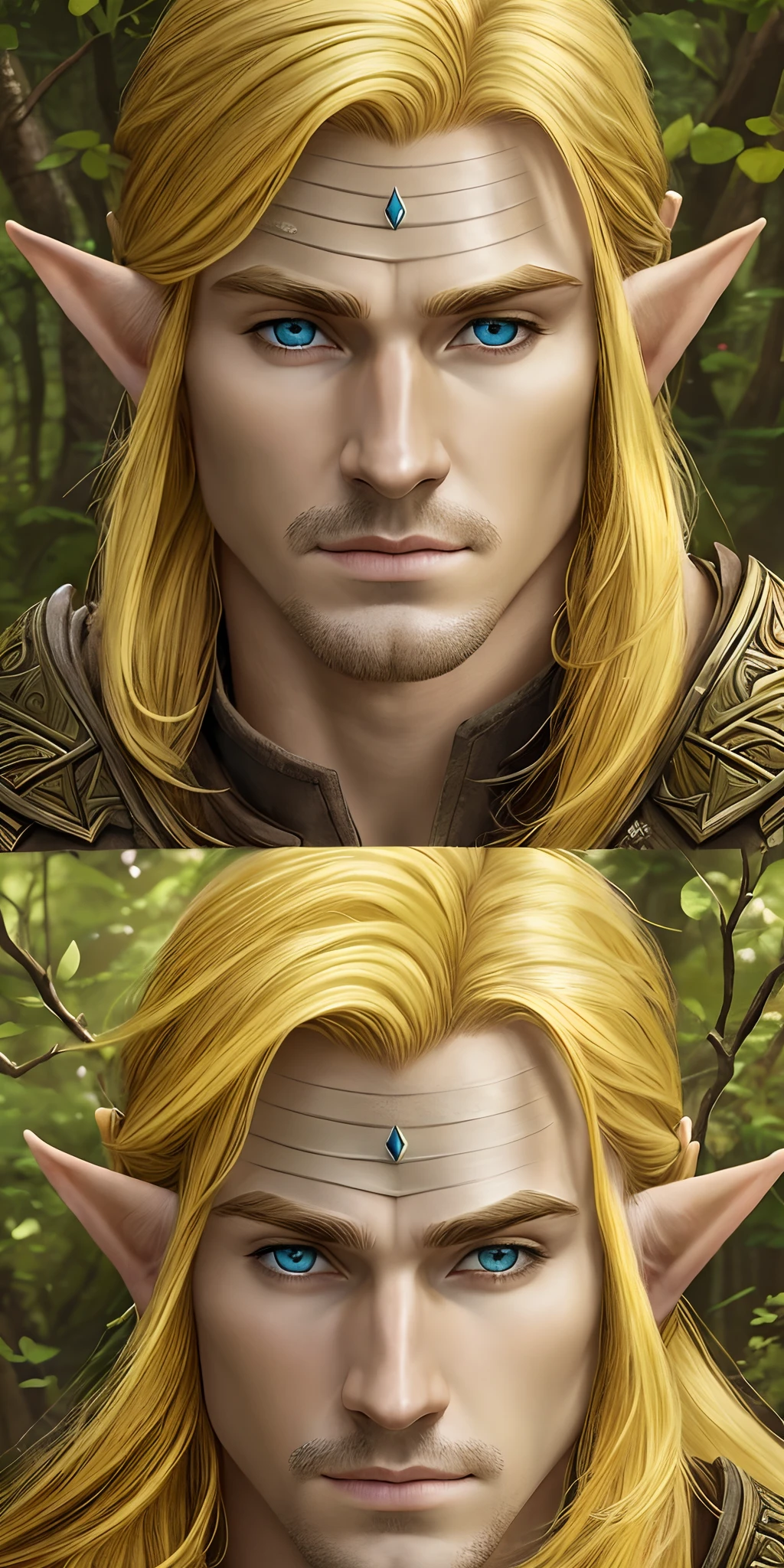 (12k, highly detailed, photorealistic, masterpiece) A masterfully crafted and intricate epic fantasy portrait of a rugged and determined young male elf ranger, (((clean face))), distant plan, dressed in earth tones, with vibrant yellow hair, Zelda Link as paladin Arthas