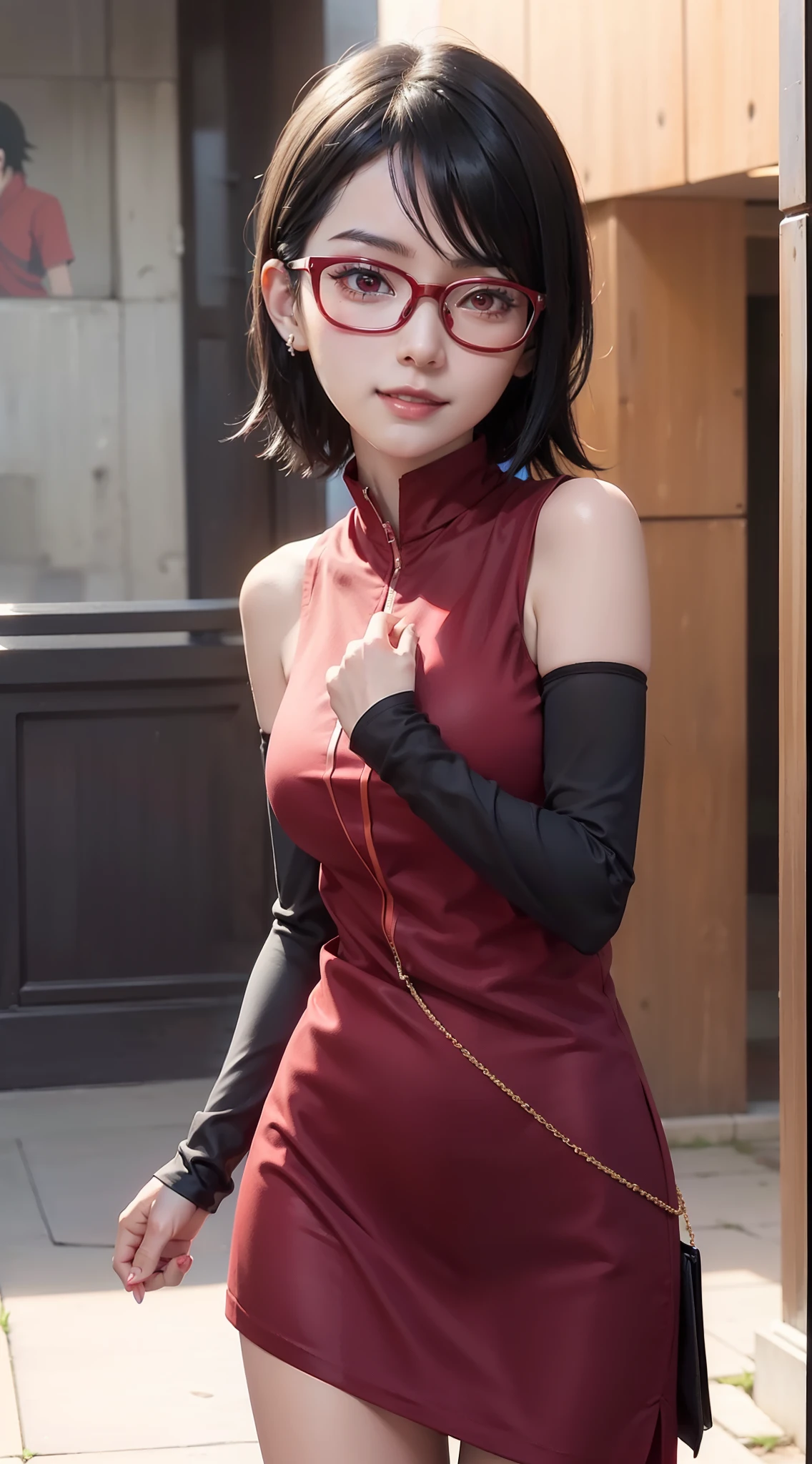 1girl, sarada uchiha in anime boruto, short hair, black hair, red eyes, smile, beautiful, sexy dress, sexy clothes, red clothes, wear red glasses, very big breast, realistic clothes, detail clothes, outdoor background, ultra detail, realistic