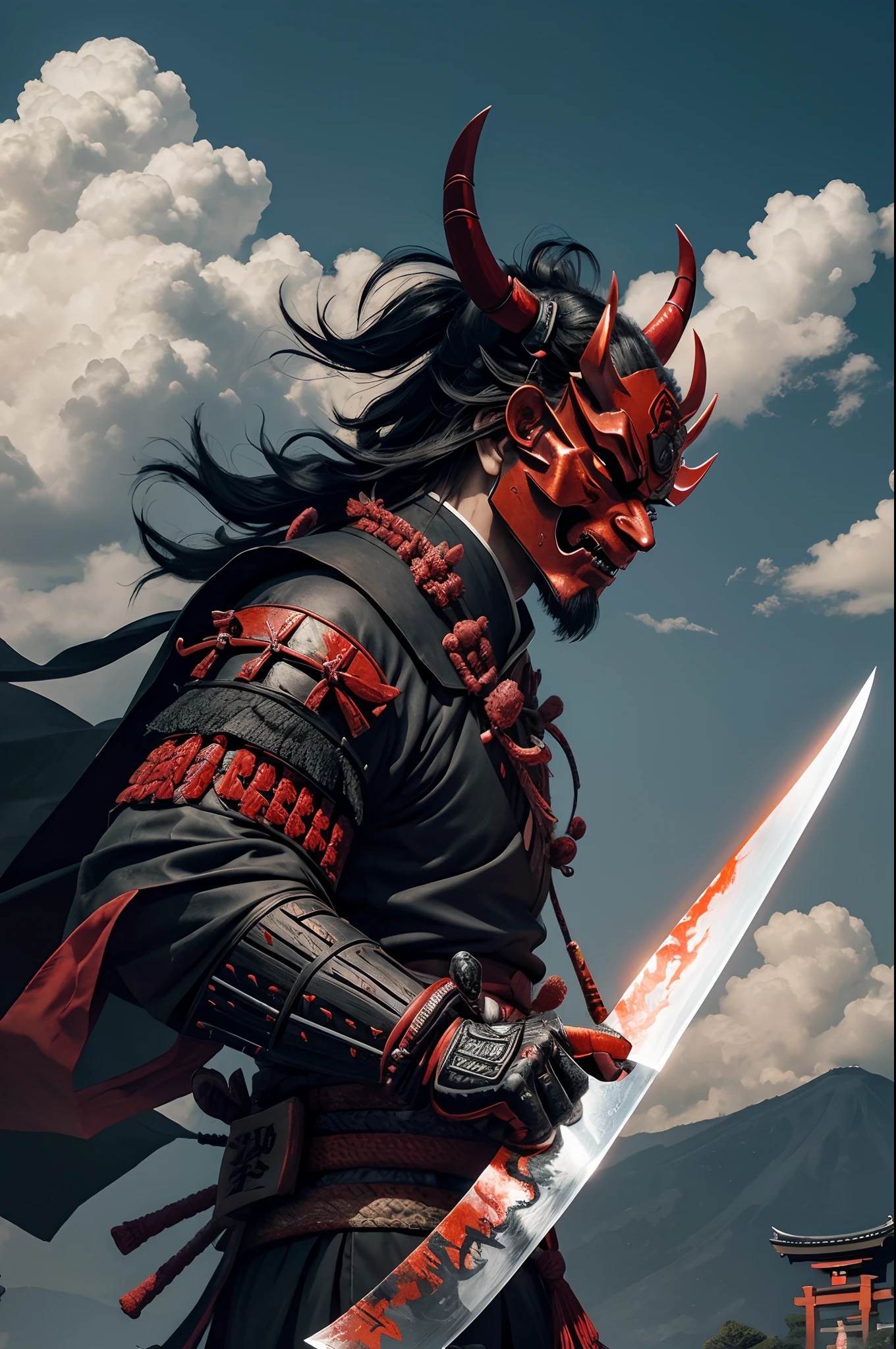 (demon samurai)、(Wearing a demon mask)、独奏、Like the whole body、(Armed with a long sharp knife)、magnificent artwork、((Kyoto Panel Painting Style))、Wind-effect:1.9、Cloud Effects:1.2、Full Rendering、Encaustic Painting