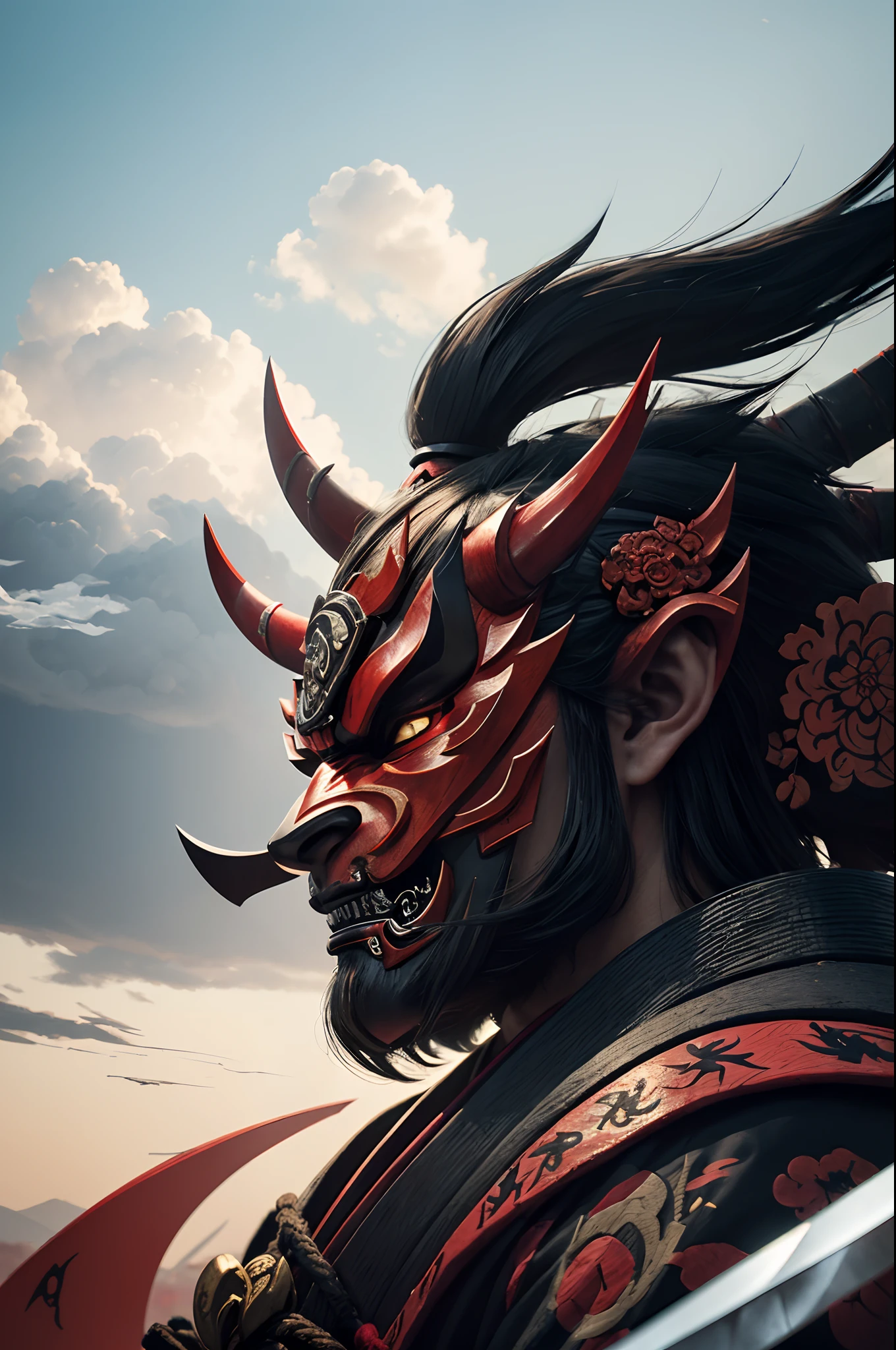 (demon samurai)、(Wearing a demon mask)、独奏、Like the whole body、(Armed with a long sharp knife)、magnificent artwork、((Kyoto Panel Painting Style))、Wind-effect:1.9、Cloud Effects:1.2、Full Rendering、Encaustic Painting