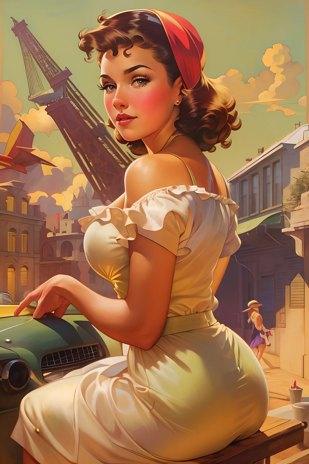 (isabelmoner-smf, Dora: 0.9), (URSS: 1.2), Romantic walk, evening sunset, Soviet satirical poster , no estilo de Pin Up, Altamente detalhado, Detalhes complicados, O estilo de Gil Elvgren, Artgerm e Gil Elvgren,Arte pin-up colorida, Gill Elvgren, (realistic not David Barnett style · Newton Hellmuth • Yuriy Arkurs ), vindima, 50 millimeters