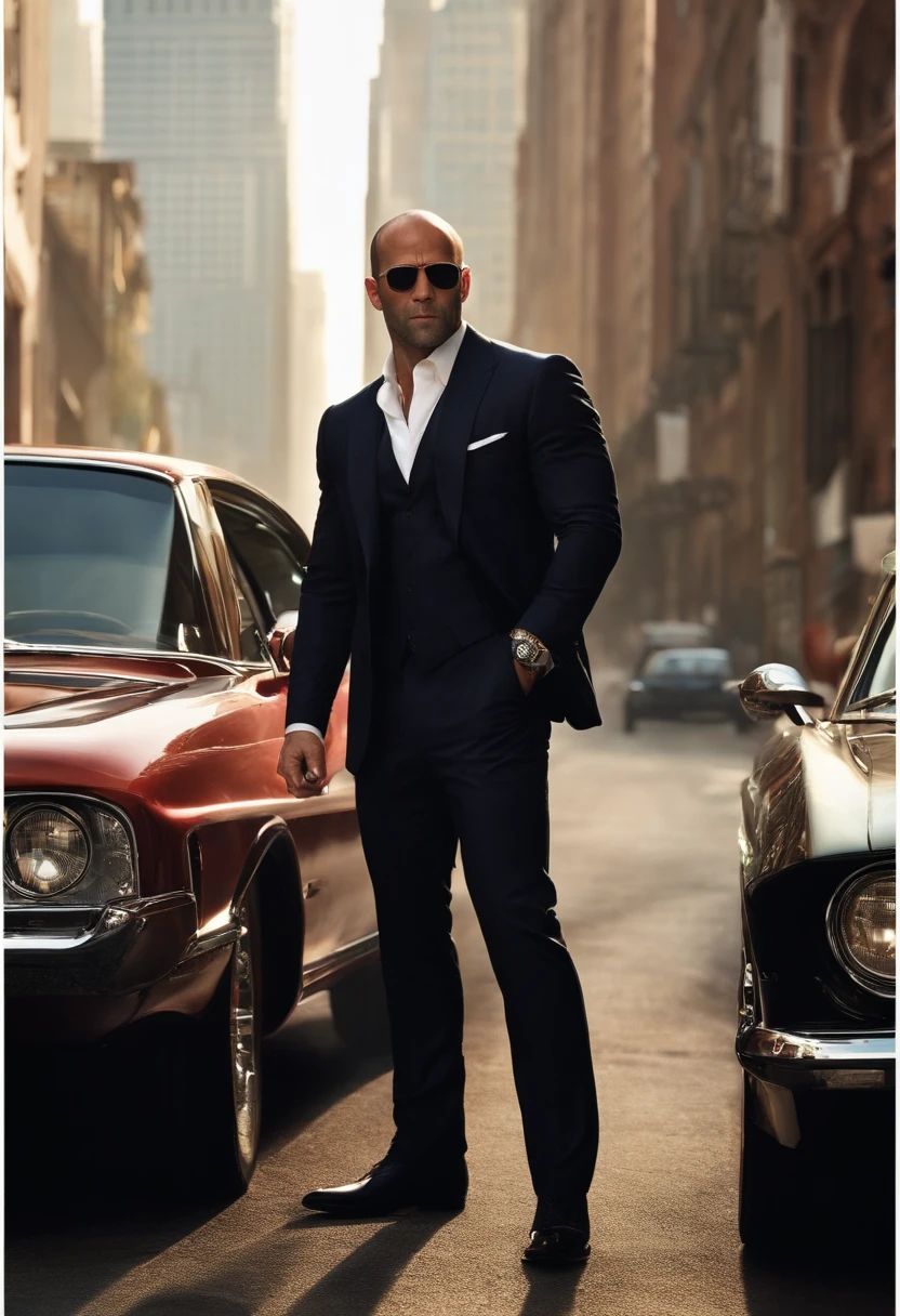 Jason Statham elegante com pitbull