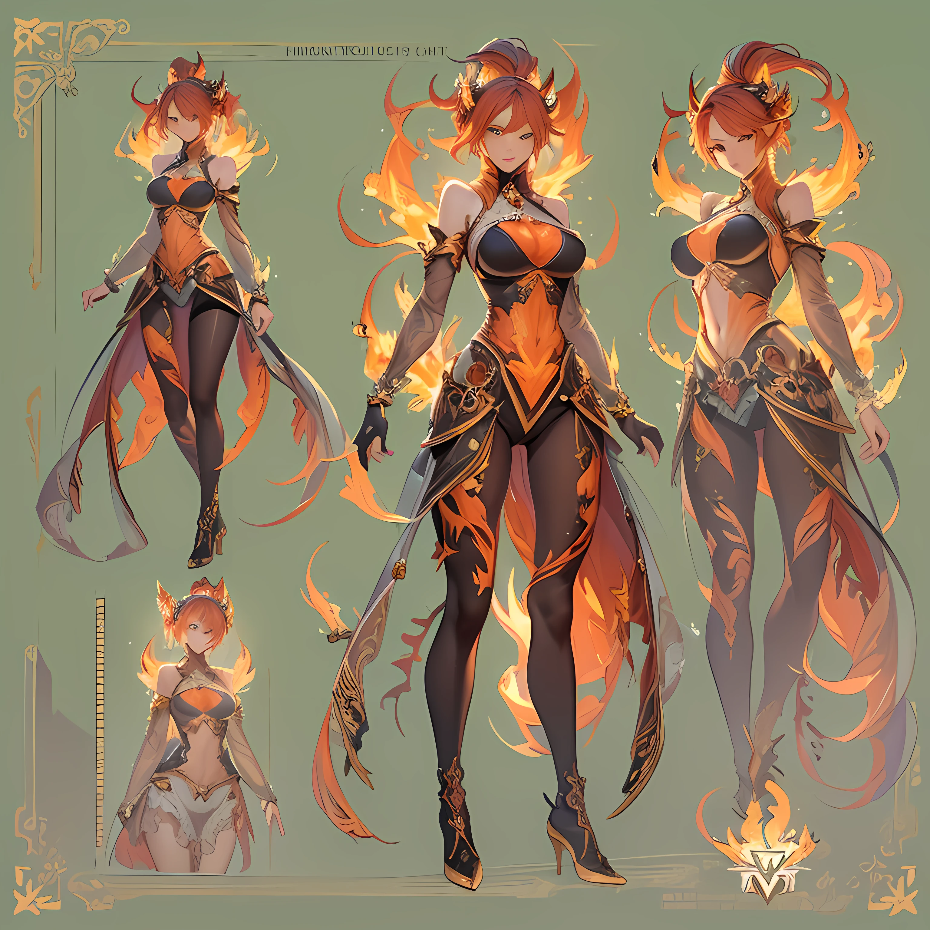 (Masterpiece, best quality), detailed, 1girl, ((character concept art)), ((character design sheet, same character, front, side, back)), many items, (Aveline has fiery red hair that seems to flicker like flames, and her eyes are a bright, burning amber. She wears armor that resembles phoenix feathers, with a long, flowing cape that looks like a pair of wings. She wields a flaming sword that ignites with her will.)
