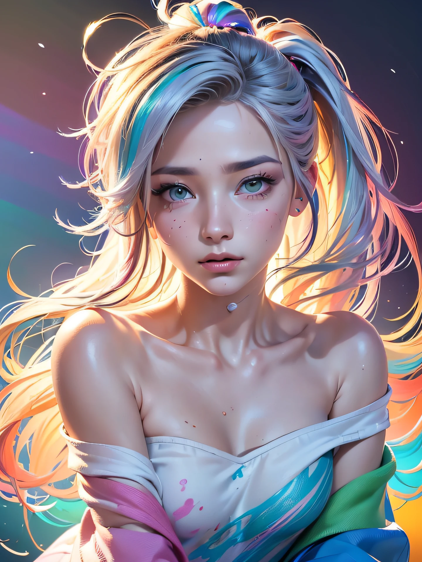 a close-up shot of an ethereal star woman with eyes body and face glowing like galaxies, surrounded by swirling, vibrant cosmic colors, vibrant star planet, ultra-detailed and photorealistic rendering, soft ambient lighting, starry nebulae in the background, dynamic and radiant color gradients, glowing reflections, cinematic composition, surreal and otherworldly atmosphere, intricate facial features, flowing hair infused with cosmic energy, luminous and ethereal, celestial radiance, soft yet detailed textures, otherworldly beauty looking up, fingers to cheeks,
