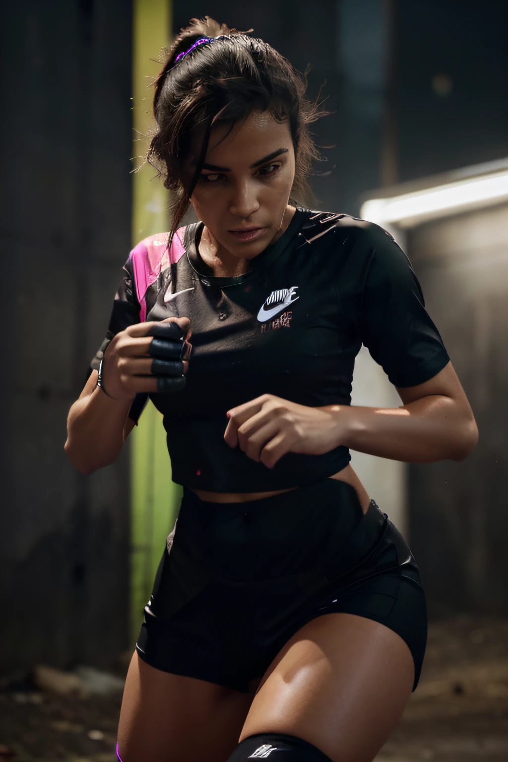 (obra-prima), (melhores luzes), (melhores sombras), (Cena noturna, luzes neon), Woman running with a MK2 pistol in her hand, traje esportivo (nike)