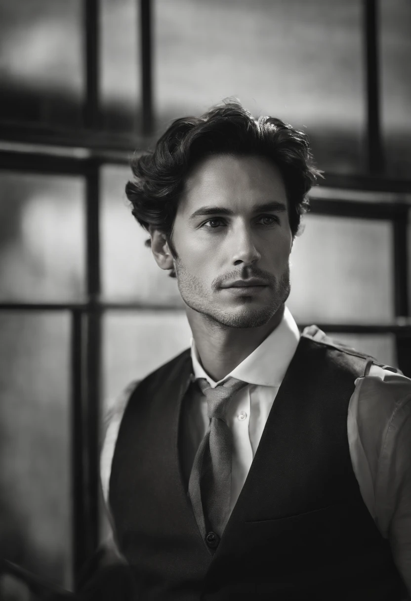 Homme d'affaire, dark brown hair, yeux marron, de face dans un bureau, ambition