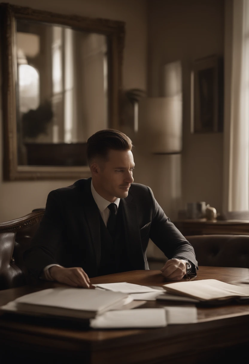 Homme d'affaire, dark brown hair, yeux marron, de face dans un bureau, ambition