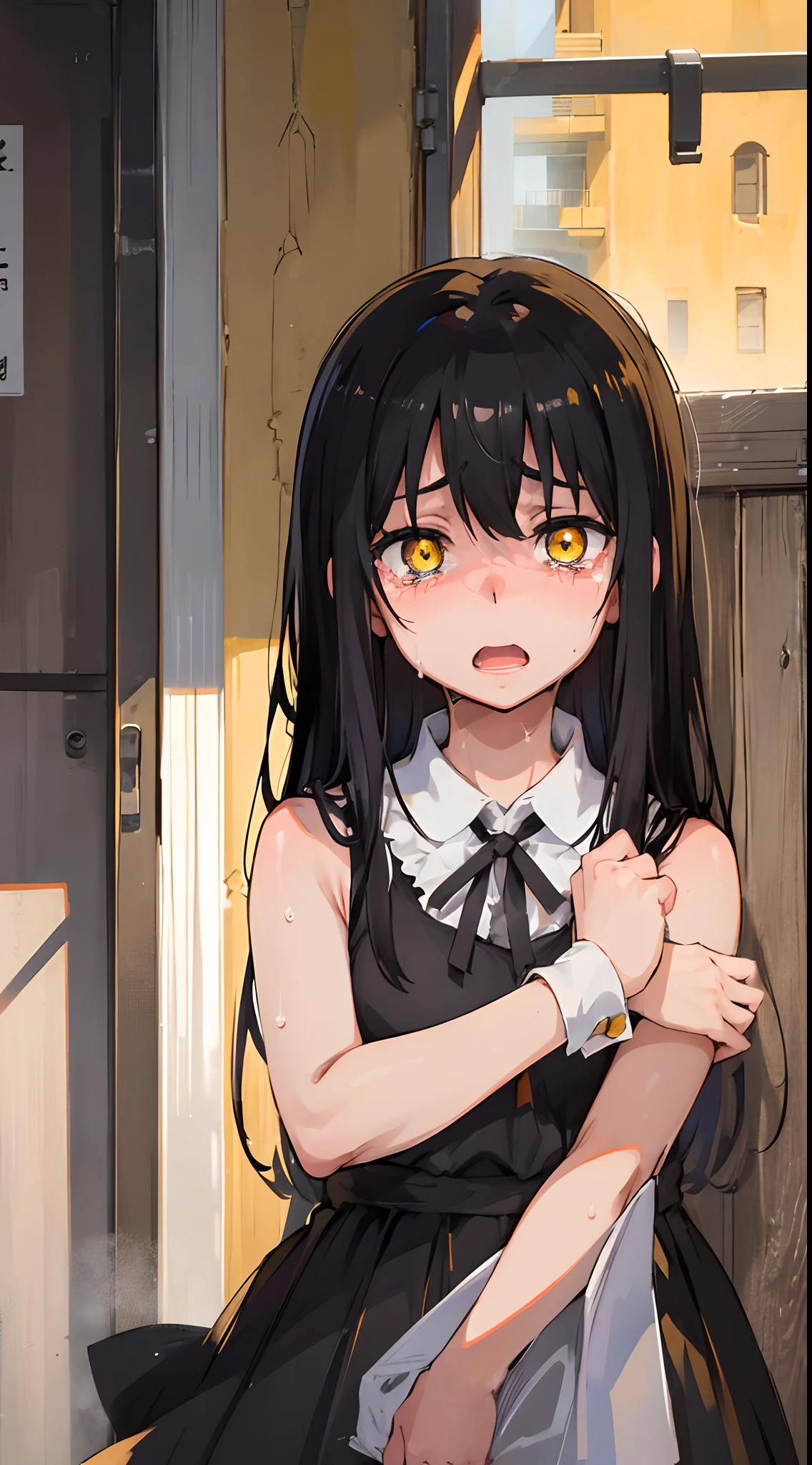 (mieruko:1.3), 1girl, scared, tears, sweat drips, yellow detailed eyes, long black hair, big eyes, (open mouth:0.1), detailed pupils, hdr shadows, (elegant clothes, sleeveless).