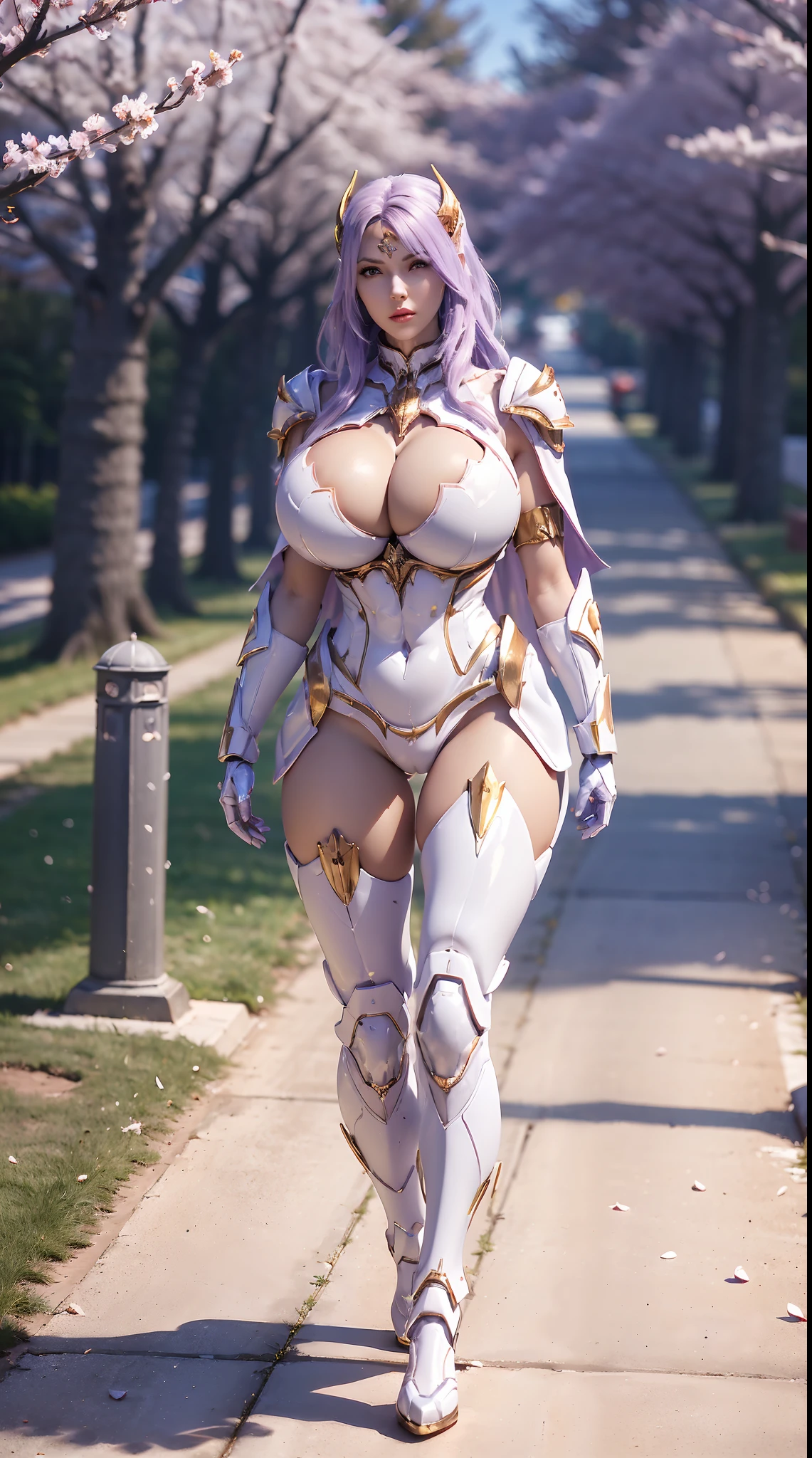 1GIRL, SOLO, (ssmile, makeup, beautifull eyes, red libs, gold dragon horn helm), (BIG BUTTOCKS, HUGE BOOBS:1.4), (MECHA GUARD ARM, GLOVES), (white, purple, GIRL IN MECHA CYBER ARMOR SUIT, ROYAL CAPE, CLEAVAGE, SKINTIGHT HOTPANTS, HIGH HEELS:1.4), (MUSCULAR BODY, SEXY LONG LEGS, FULL BODY:1.5), (MUSCLE ABS:1.2), (LOOKING AT VIEWER:1), (WALKING DOWN ON STREET CHERRY TREES IN THE MORNING:1.3), PHYSICALLY-BASED RENDERING, ULTRA HIGHT DEFINITION, 8K, 1080P.