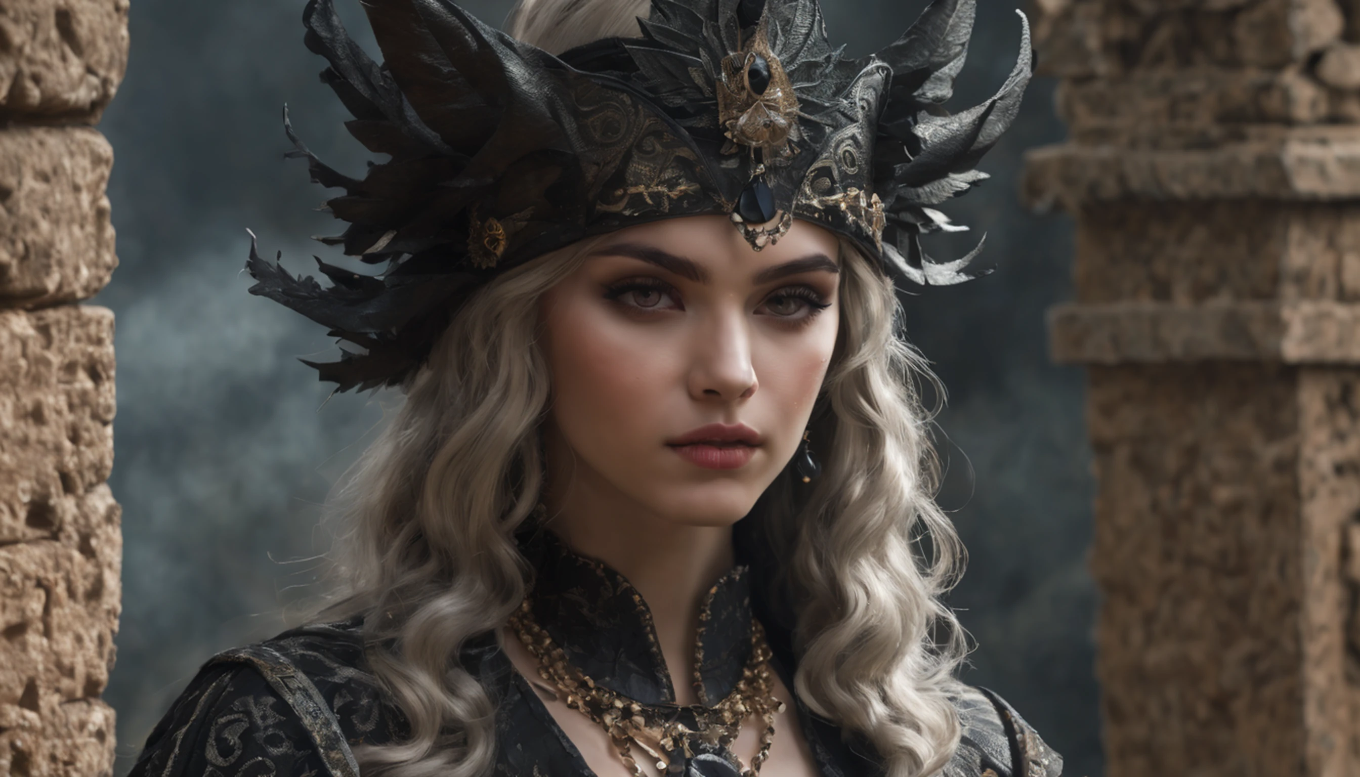 (Numerous award-winning masterpieces, With incredible detail, textures and maximum detail), (hyper realistic:1.4), (Realistic:1.3), (melhor qualidade de pele textura real), ((mundo medieval)), olhos finamente detalhados, Rosto finamente detalhado, (((old black witch hat))), (Bruxa fina no branco), (Maga feminina fina no branco), (Bruxa magra em preto), (Maga Maga Female in Black), olhos gentis, ((Dedos perfeitos e bonitos)), ((Perfect and beautiful arms)), (Ela tem um sorriso travesso no rosto:1.4), Nice and feminine face, (The devil dances over the top), Brincos de vidro nas orelhas, (dramatic photo:1.6), Resplendent, majestic, lightning, storm, mass of clouds and sky, halo optical phenomenon, Luz Anti-Sagrada, Twilight, Sunset, twilights, (dramatic light), (A majestic sight), (His expression is calm, gentil e muito bonita, mas de alguma forma assustadora;), (postura nobre), (cabelos dourados, cabelos prateados, cabelo castanho), ((retrato de corpo inteiro)), ((procura para cima)), ((olhando para baixo)), (Full body standing image:1.5), (Around his neck is a simple necklace with wicked workmanship, mas elaborada), Altar of Purgatory, Old ruins infested with plants, O Grande Templo do Diabo, grande catedral, The Great Devil's Sanctuary, temple ruins, templo destacado, Magical Circle, Ruins of an ancient castle, Deserted ruins, ruined ruins, Ancient ruins with clear water, Wavelets, Flowing Water,