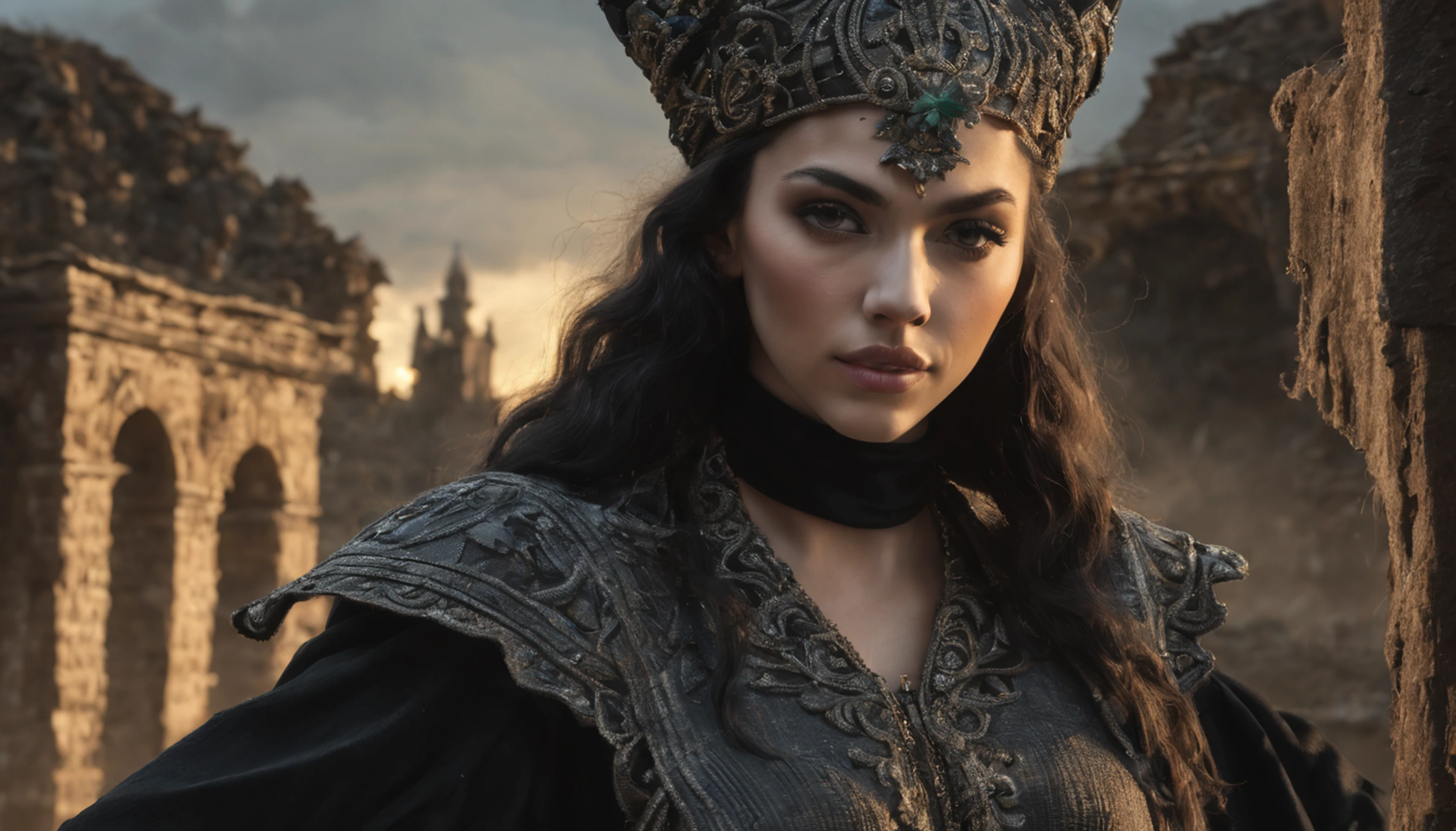 (Numerous award-winning masterpieces, With incredible detail, textures and maximum detail), (hyper realistic:1.4), (Realistic:1.3), (melhor qualidade de pele textura real), ((mundo medieval)), olhos finamente detalhados, Rosto finamente detalhado, (((old black witch hat))), (Bruxa fina no branco), (Maga feminina fina no branco), (Bruxa magra em preto), (Maga Maga Female in Black), olhos gentis, ((Dedos perfeitos e bonitos)), ((Perfect and beautiful arms)), (Ela tem um sorriso travesso no rosto:1.4), Nice and feminine face, (The devil dances over the top), Brincos de vidro nas orelhas, (dramatic photo:1.6), Resplendent, majestic, lightning, storm, mass of clouds and sky, halo optical phenomenon, Luz Anti-Sagrada, Twilight, Sunset, twilights, (dramatic light), (A majestic sight), (His expression is calm, gentil e muito bonita, mas de alguma forma assustadora;), (postura nobre), (cabelos dourados, cabelos prateados, cabelo castanho), ((retrato de corpo inteiro)), ((procura para cima)), ((olhando para baixo)), (Full body standing image:1.5), (Around his neck is a simple necklace with wicked workmanship, mas elaborada), Altar of Purgatory, Old ruins infested with plants, O Grande Templo do Diabo, grande catedral, The Great Devil's Sanctuary, temple ruins, templo destacado, Magical Circle, Ruins of an ancient castle, Deserted ruins, ruined ruins, Ancient ruins with clear water, Wavelets, Flowing Water,
