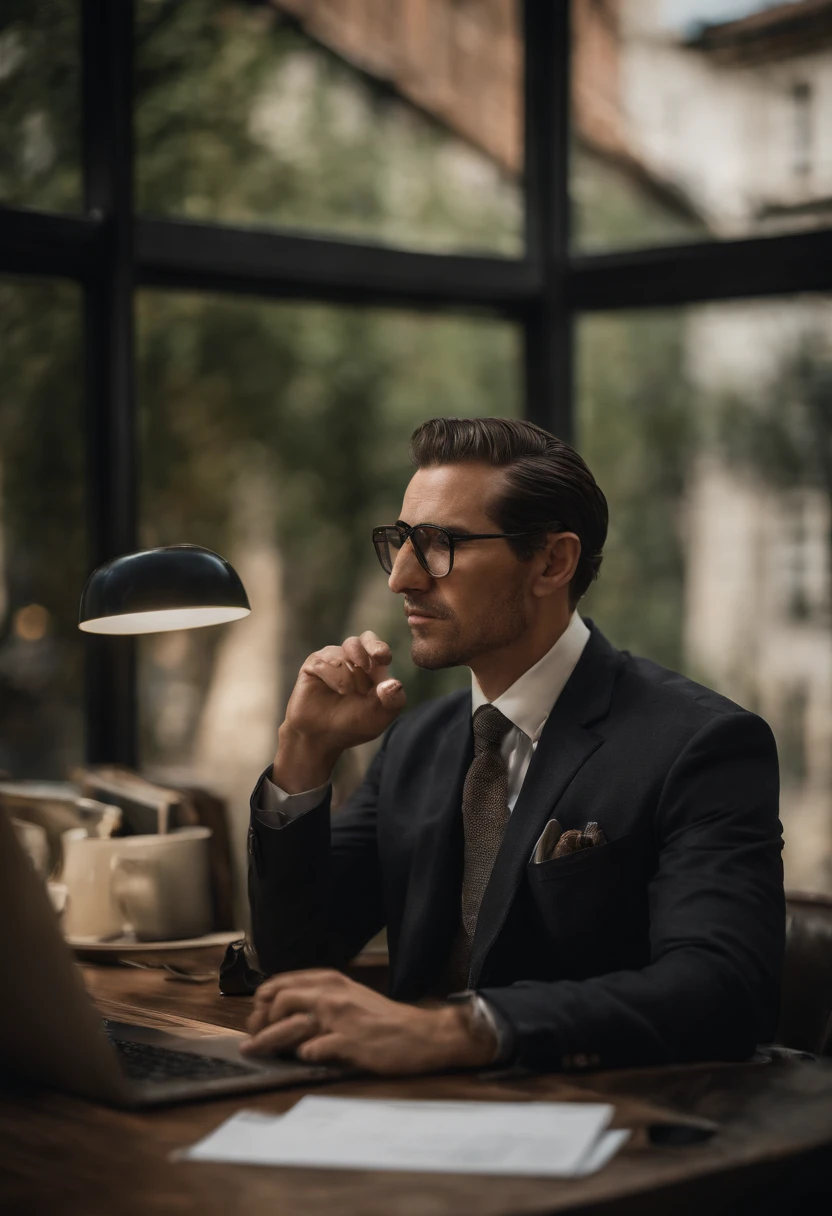 Homme d'affaire, dark brown hair, yeux marron, dans un bureau, ambition, de face