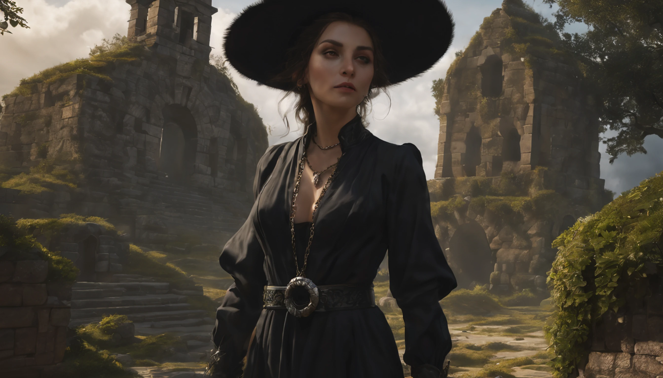 (Numerous award-winning masterpieces, With incredible detail, textures and maximum detail), (hyper realistic:1.4), (Realistic:1.3), (melhor qualidade de pele textura real), ((mundo medieval)), olhos finamente detalhados, Rosto finamente detalhado, (((old black witch hat))), (Bruxa fina no branco), (Maga feminina fina no branco), (Bruxa magra em preto), (Maga Maga Female in Black), olhos gentis, ((Dedos perfeitos e bonitos)), ((Perfect and beautiful arms)), (Ela tem um sorriso travesso no rosto:1.4), Nice and feminine face, (The devil dances over the top), Brincos de vidro nas orelhas, (dramatic photo:1.6), Resplendent, majestic, lightning, storm, mass of clouds and sky, halo optical phenomenon, Luz Anti-Sagrada, Twilight, Sunset, twilights, (dramatic light), (A majestic sight), (His expression is calm, gentil e muito bonita, mas de alguma forma assustadora;), (postura nobre), (cabelos dourados, cabelos prateados, cabelo castanho), ((retrato de corpo inteiro)), ((procura para cima)), ((olhando para baixo)), (Full body standing image:1.5), (Around his neck is a simple necklace with wicked workmanship, mas elaborada), Altar of Purgatory, Old ruins infested with plants, O Grande Templo do Diabo, grande catedral, The Great Devil's Sanctuary, temple ruins, templo destacado, Magical Circle, Ruins of an ancient castle, Deserted ruins, ruined ruins, Ancient ruins with clear water, Wavelets, Flowing Water,