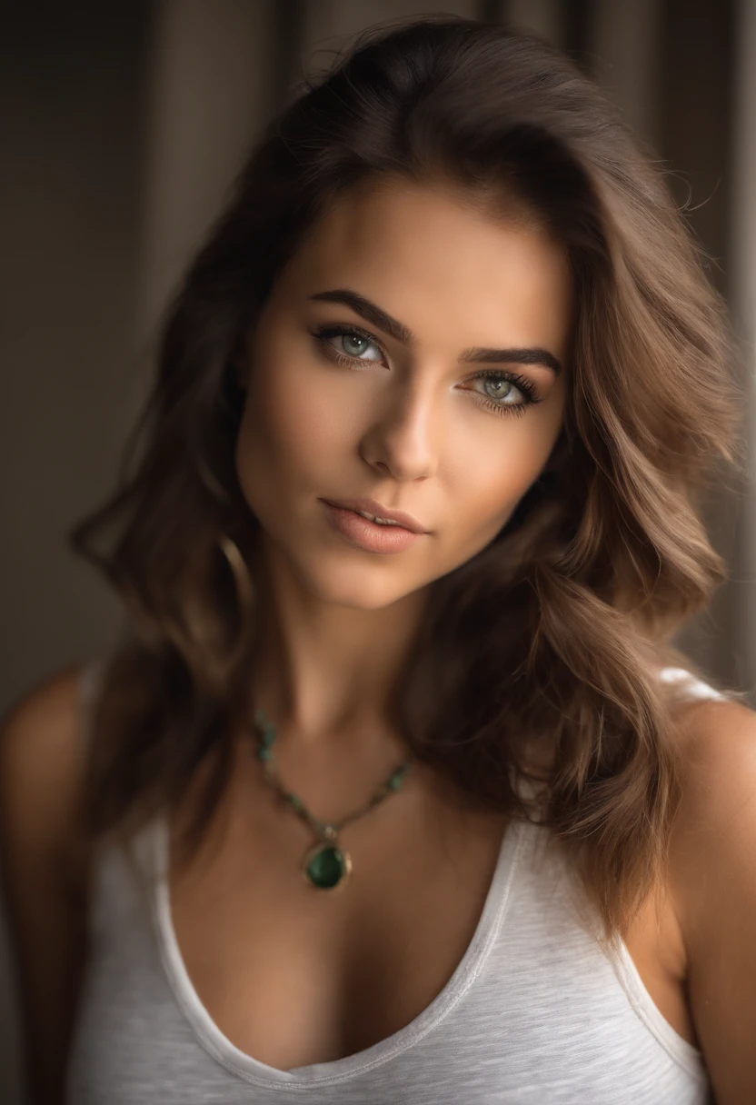 Arafed woman with a white tank top and necklace, latina fille sexy aux yeux verts, Portrait Sophie Mudd, cheveux bruns et grands yeux, selfie of a young woman, Yeux de chambre, Violet Myers, sans maquillage, maquillage naturel, looking straight at camera, Visage avec Artgram, Maquillage subtil, Superbe photo du corps entier, piercing green eyes, Bel angle, pose attrayante, fille mignonne, sexy pose, Image du corps entier, corps entier, Prise de vue du corps entier, brunette goddess, High detail, pose satisfaite, Pantalon en cuir