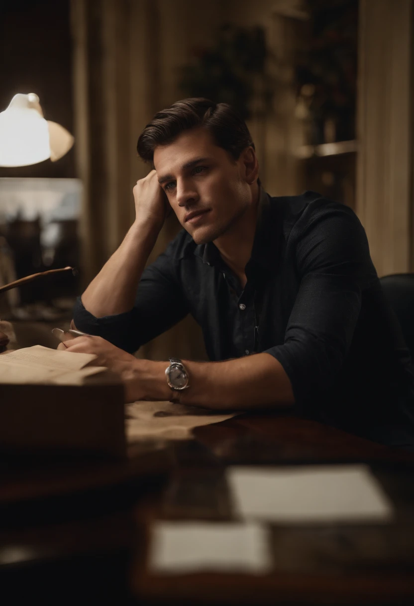 Jeune Homme d'affaire, dark brown hair, yeux marron, dans un bureau, ambition, sans barbe