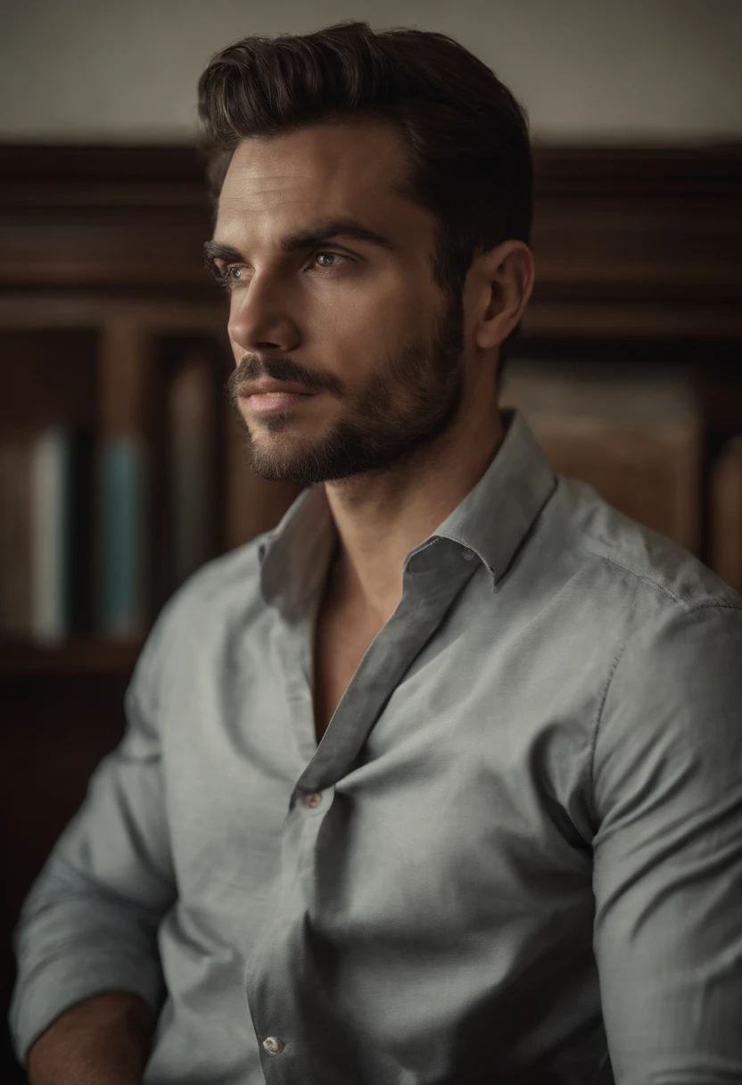 Jeune Homme d'affaire, dark brown hair, yeux marron, dans un bureau, ambition, sans barbe