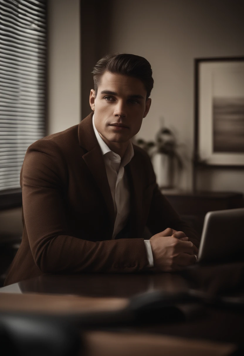 Jeune Homme d'affaire, dark brown hair, yeux marron, dans un bureau, ambition, sans barbe