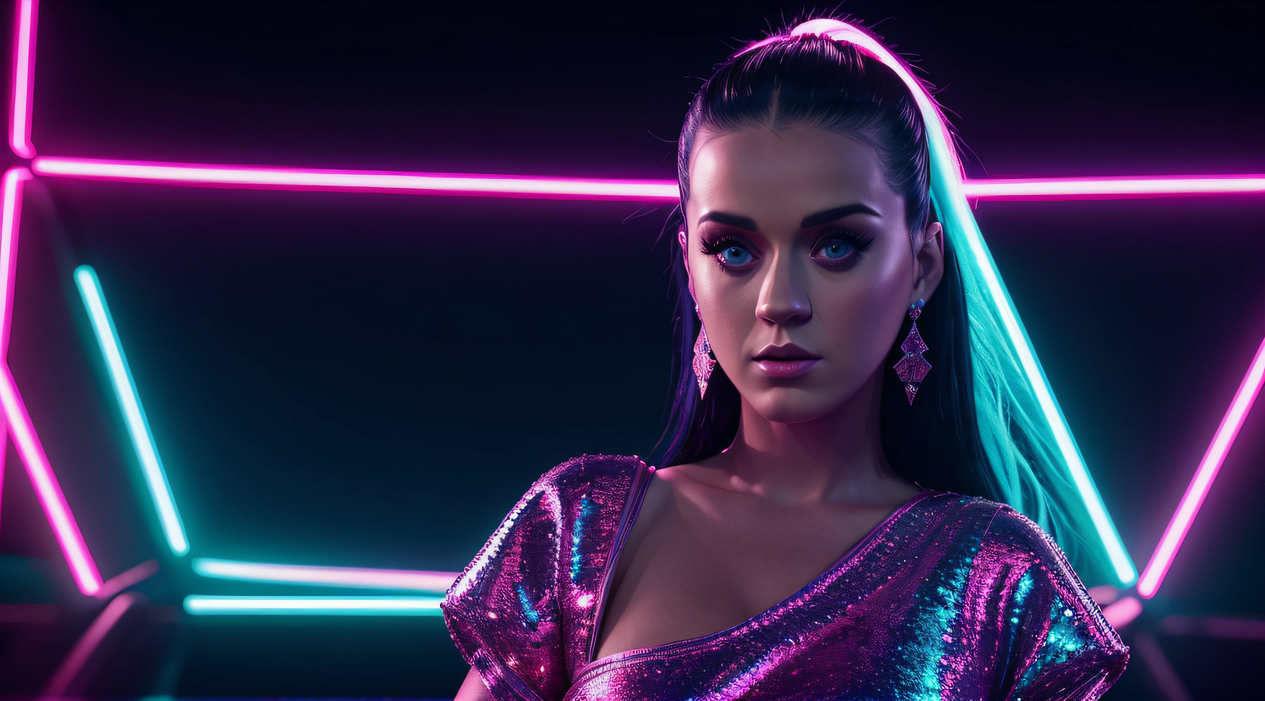 (obra prima) (ultradetalhada) (ultrarrealista) Katy Perry, Neon light, noite, Foto premiada, BLN-L24, exposure,Alto contraste,low saturation,high saturation 8k 3D, f 2.8 lentes, Cinematic lighting
