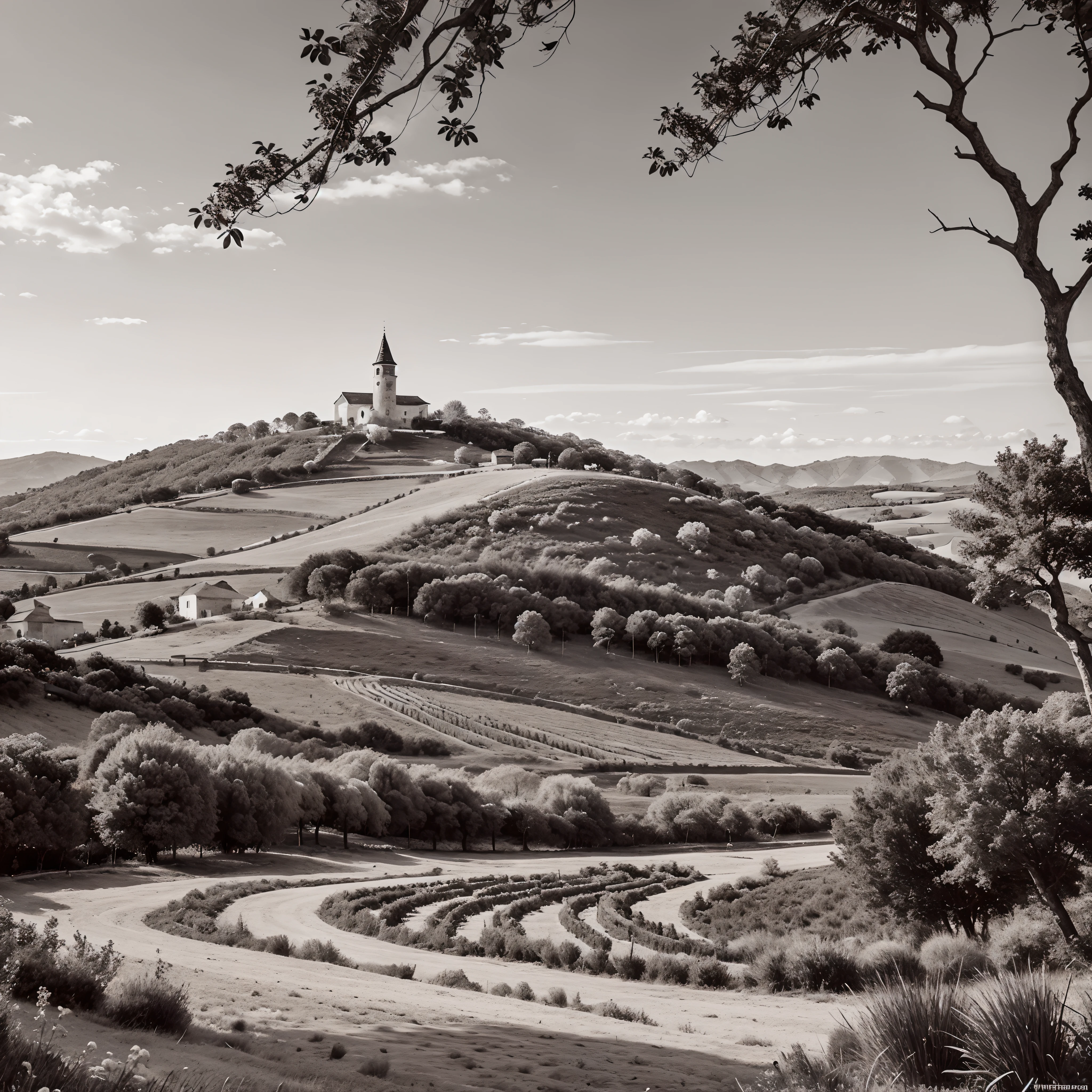 um desenho em preto e branco de uma paisagem rural medieval, paisagem altamente detalhada, paisagem detalhada, beautiful detailed illustration, intrincado detalhe de pintura a tinta, highly detailed ink illustration