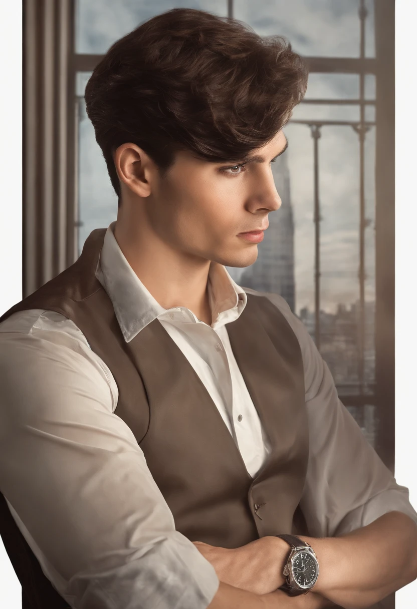 Jeune Homme d'affaire, dark brown hair, yeux marron, dans un bureau, ambition, sans barbe, lighting