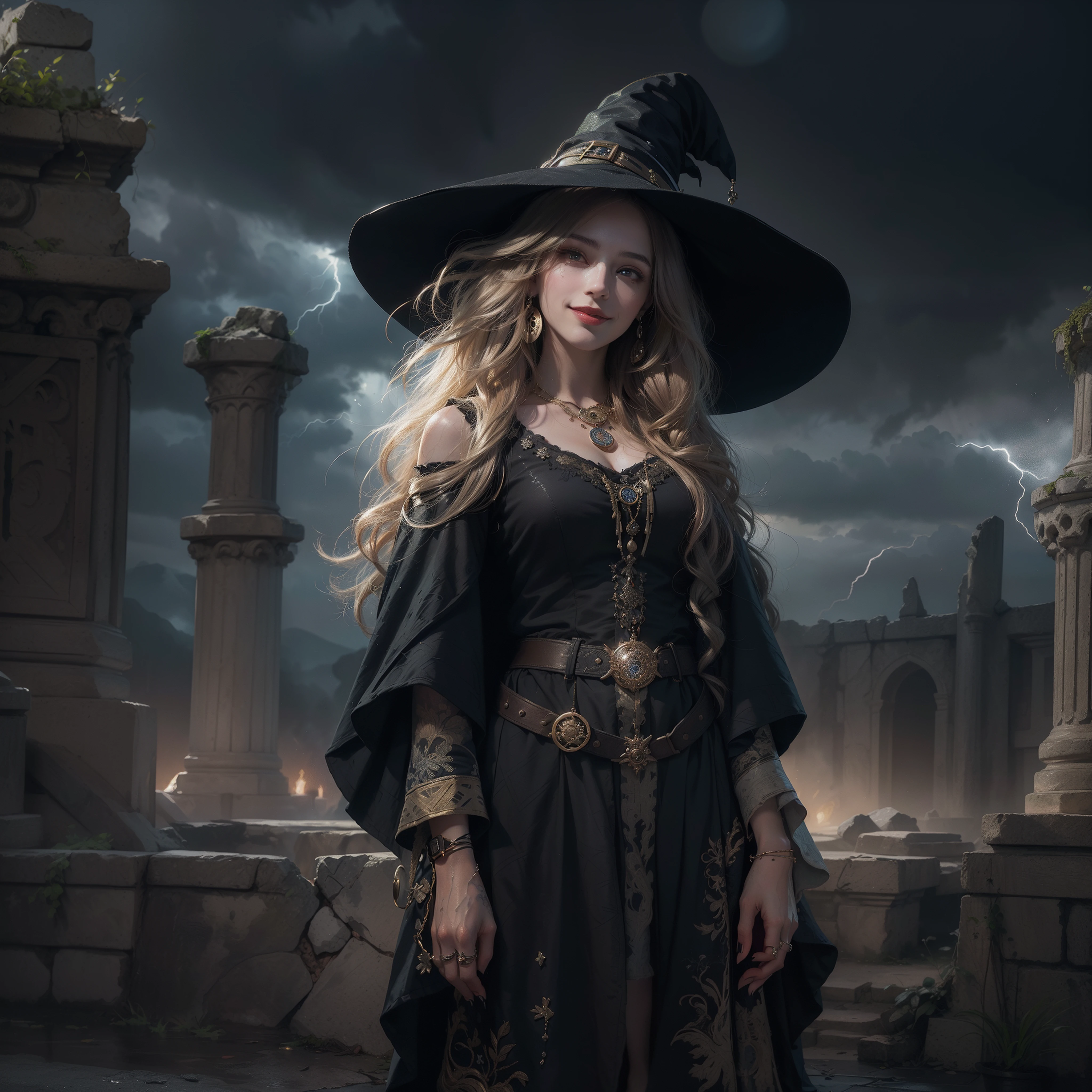 (Numerous award-winning masterpieces, with incredible detail, textures and maximum detail), (hyper realistic:1.4), (realistic:1.3), (Full body image:1.7), (upper body up:0.4), (best quality real texture skin), ((medieval world)), finely detailed eyes, finely detailed face, (((witch's old black hat))), (a slim witch in modest but intricately patterned clothes:1.8), Gentle eyes, ((perfect and beautiful fingers)), ((perfect and beautiful arms)), (She has a mischievous smile on her face:1.5), Friendly and girlish face, (Release magic from fingertips:1.3), Glass earrings on the ears, (dramatic photo:1.6), Shining majestic lightning storm cloud mass and sky, halo optical phenomenon, Anti-Sacred Light, twilight, sunset, dusk, (Dramatic Light), (A majestic sight), (Her expression is calm gentle and very beautiful but somehow scary), (Noble posture), (golden hair, silver hair, chestnut hair), ((Full-length portrait)), ((looks up)), ((looking down)), (Full body image:1.7), (Around her neck is a simple necklace with wicked but elaborate workmanship), Altar of Purgatory, Old ruins infested with plants, The Great Temple of the Devil, great cathedral, The Devil's Grand Shrine, temple ruins, detached temple, (magic circle:1.3), Ruins of an ancient castle, Deserted ruins, crumbling ruins, Ancient ruins with clear water, epic realistic, faded, art, (Greg rutkowski:0.8), (teal and orange:0.4), (art station:1.5), cinematic, ((neutral colors)), (hdr:1.5), (muted colors:1.2), hyper detailed, dramatic light, (intricate details:1.1), complex background,