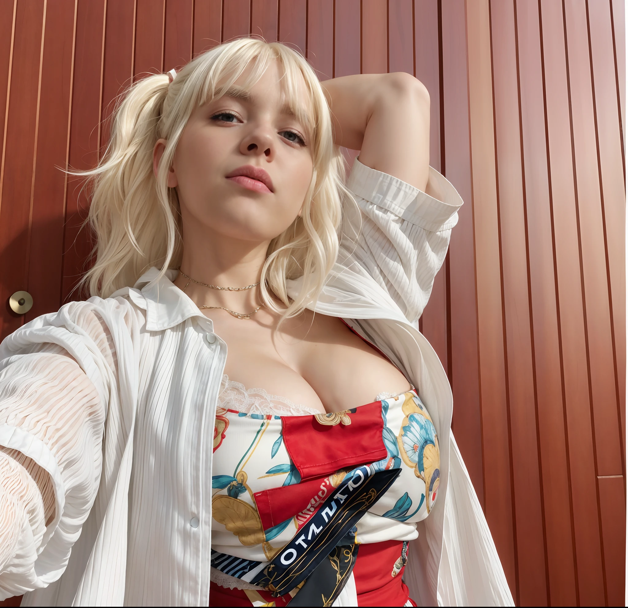blond woman with a white shirt and a red skirt posing for a picture, leaked photo, leaked image, white bangs, ava max, taken in the early 2020s, hair whitebangs hair, long white hair and bangs, taken in 2 0 2 0, her hair is white, curtain bangs, with full bangs, charli xcx, billie eilish, High quality image, masterpiece, detailed hair texture, detailed skin texture, detailed cloth texture, 8k, add fabric details, ultra detailed skin texture, ultra detailed photo, skin pores, cloth details, high skin details, realistic hair details