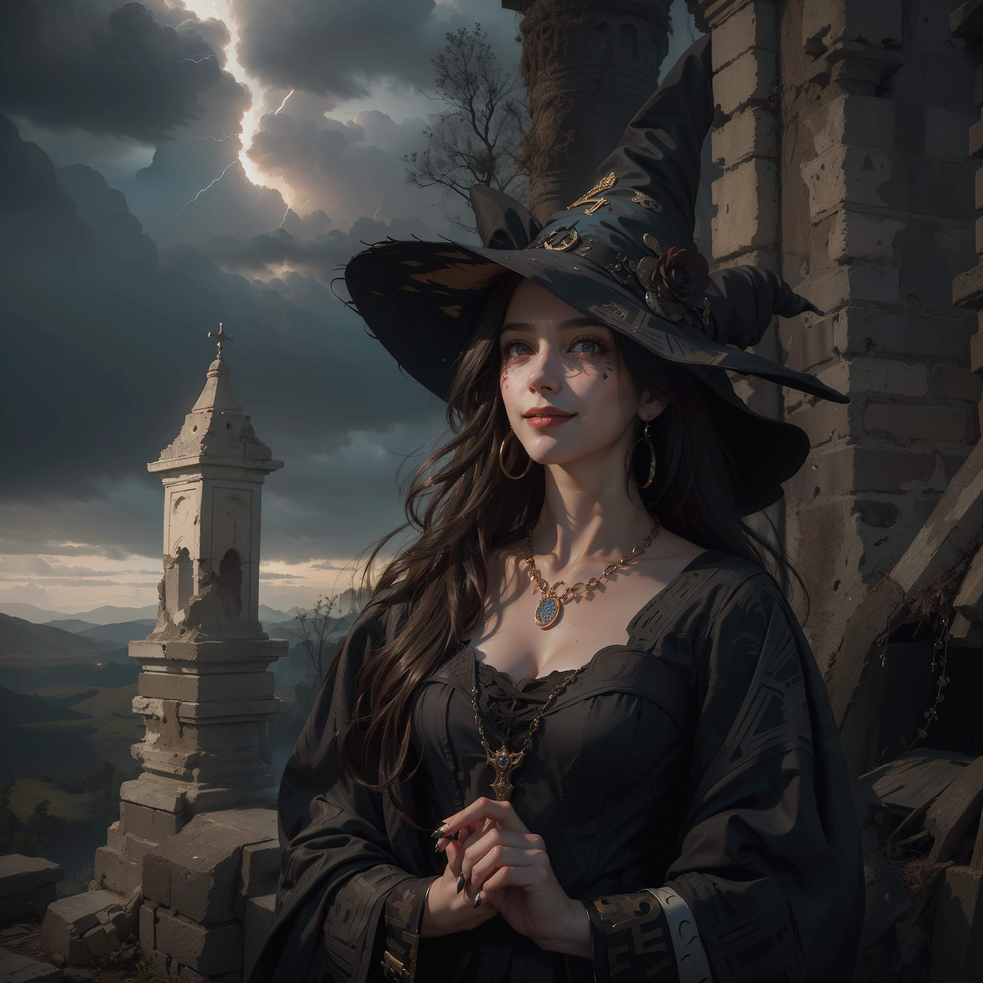 (Numerous award-winning masterpieces, with incredible detail, textures and maximum detail), (hyper realistic:1.4), (realistic:1.3), (Full body image:1.7), (upper body up:0.2), (best quality real texture skin), ((medieval world)), finely detailed eyes, finely detailed face, (((witch's old black hat))), (a slim witch in modest but intricately patterned clothes:1.8), Gentle eyes, ((perfect and beautiful fingers)), ((perfect and beautiful arms)), (She has a mischievous smile on her face:1.5), Friendly and girlish face, (Release magic from fingertips:1.3), Glass earrings on the ears, (dramatic photo:1.6), Shining majestic lightning storm cloud mass and sky, halo optical phenomenon, Anti-Sacred Light, twilight, sunset, dusk, (Dramatic Light), (A majestic sight), (Her expression is calm gentle and very beautiful but somehow scary), (Noble posture), (golden hair, silver hair, chestnut hair), ((Full-length portrait)), ((looks up)), ((looking down)), (Full body image:1.7), (Around her neck is a simple necklace with wicked but elaborate workmanship), Altar of Purgatory, Old ruins infested with plants, The Great Temple of the Devil, great cathedral, The Devil's Grand Shrine, temple ruins, detached temple, (magic circle:1.3), Ruins of an ancient castle, Deserted ruins, crumbling ruins, Ancient ruins with clear water, epic realistic, faded, art, (Greg rutkowski:0.8), (teal and orange:0.4), (art station:1.5), cinematic, ((neutral colors)), (hdr:1.5), (muted colors:1.2), hyper detailed, dramatic light, (intricate details:1.1), complex background,