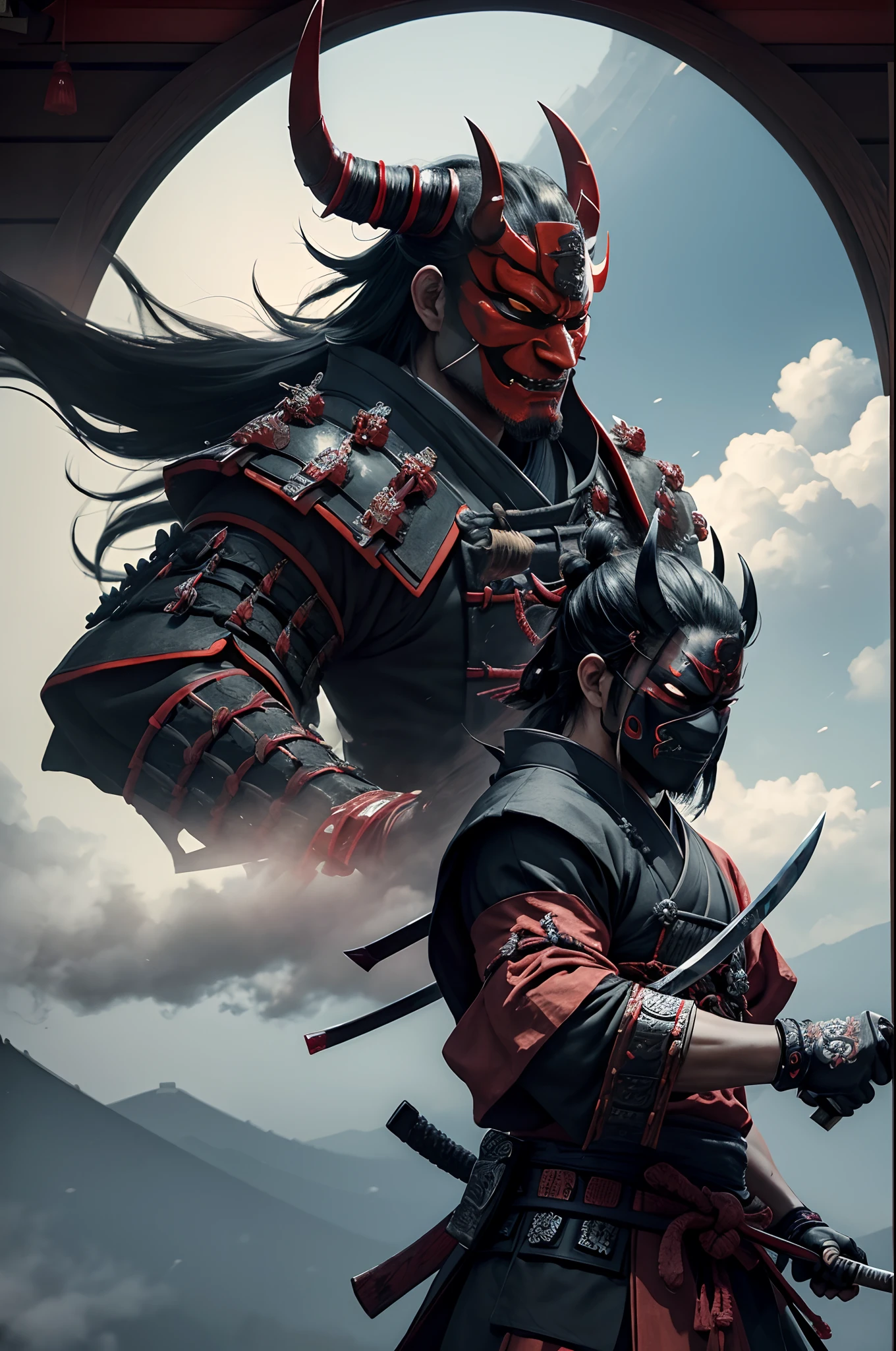 (demon samurai)、(Wearing a demon mask)、独奏、Like the whole body、(Armed with a long sharp knife)、magnificent artwork、((Kyoto Panel Painting Style))、Wind-effect:1.9、Cloud Effects:1.2、Full Rendering、Encaustic Painting,unrealengine,facing front